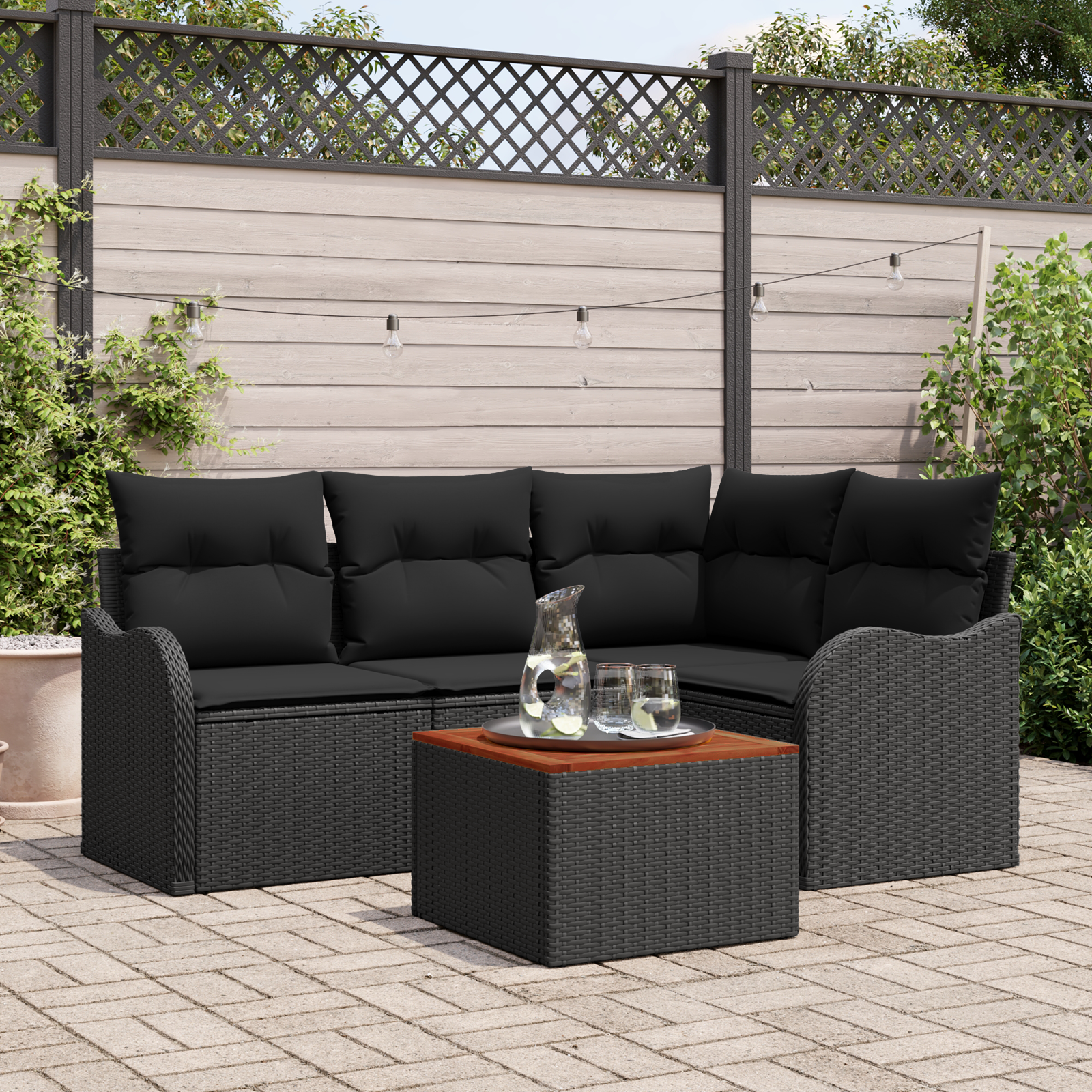 5 Piece Garden Sofa Set with Cushions Black Poly Rattan Acacia