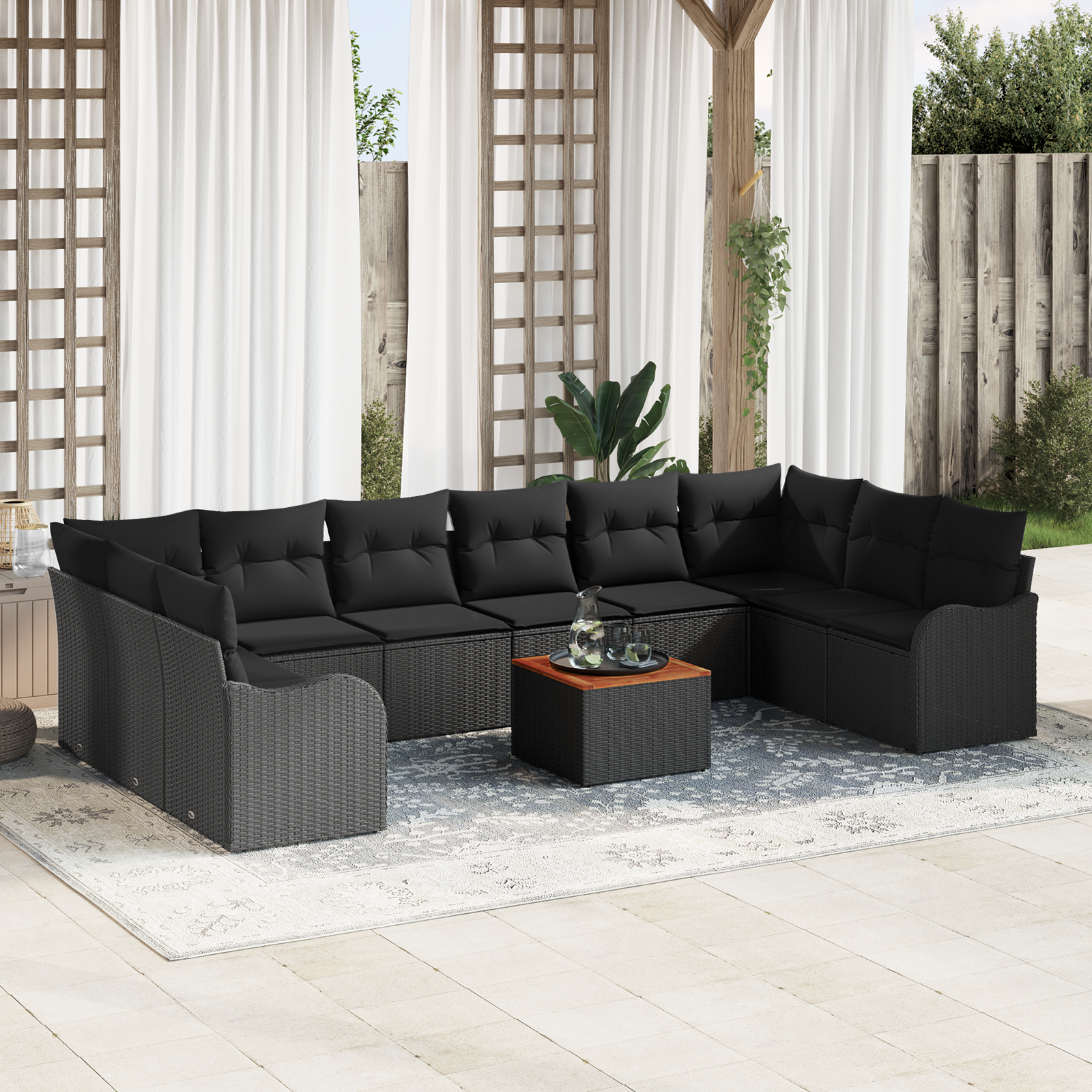 11 Piece Garden Sofa Set with Cushions Black Poly Rattan Acacia