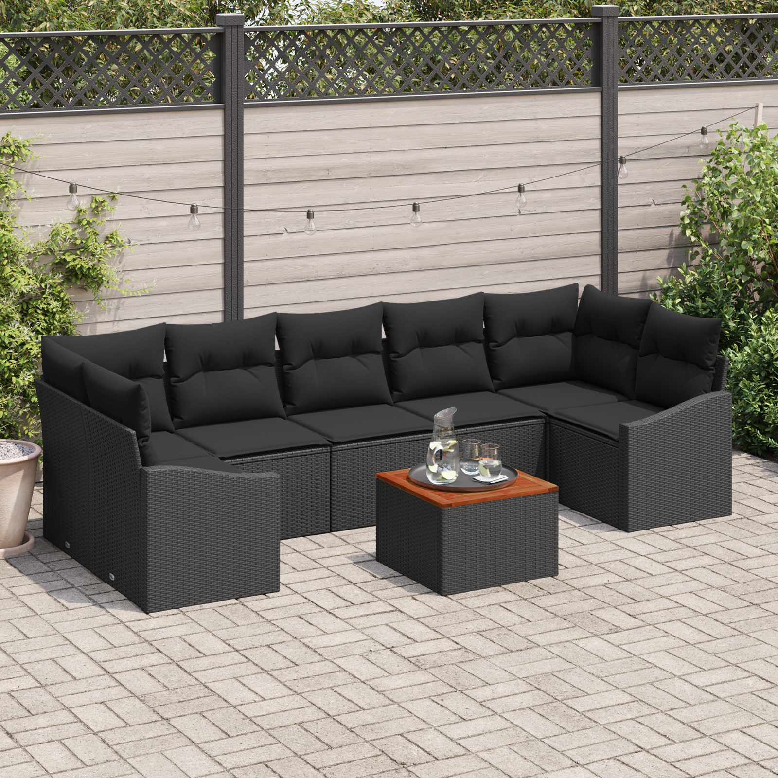 8 Piece Garden Sofa Set with Cushions Black Poly Rattan Acacia