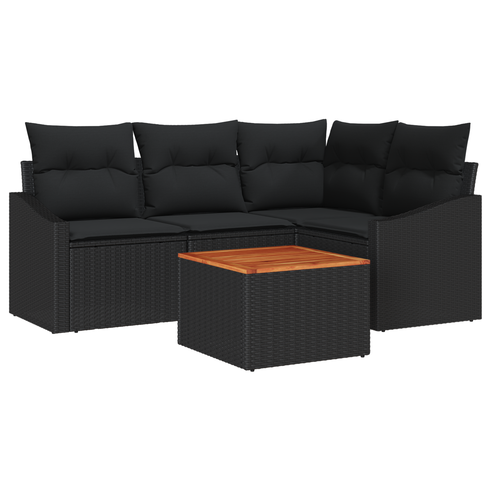 5 Piece Garden Sofa Set with Cushions Black Poly Rattan Acacia