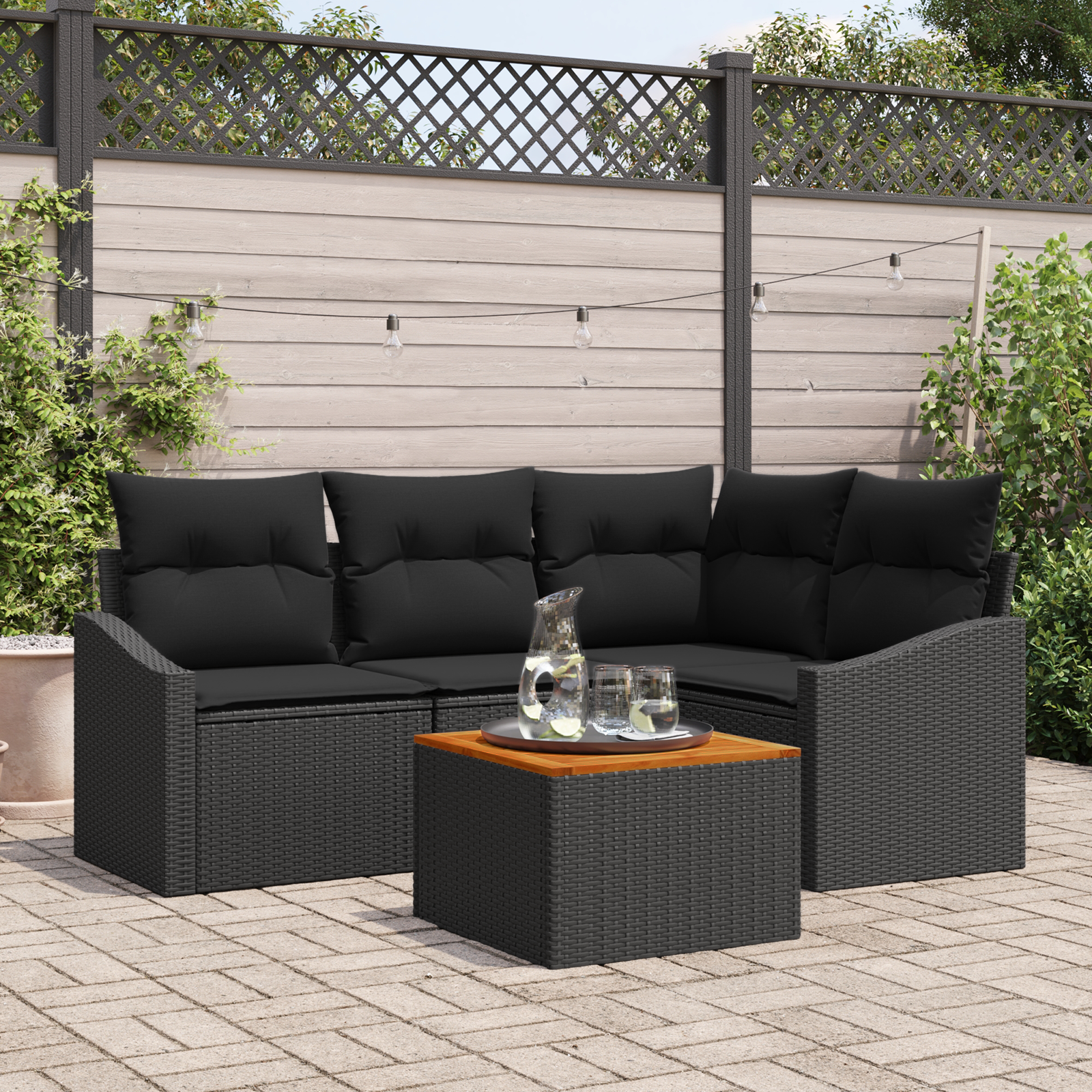 5 Piece Garden Sofa Set with Cushions Black Poly Rattan Acacia