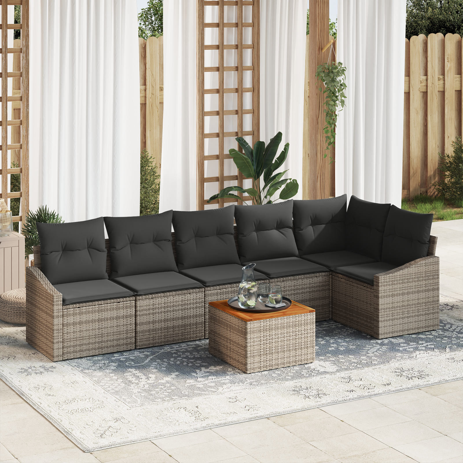 7 Piece Garden Sofa Set with Cushions Grey Poly Rattan Acacia