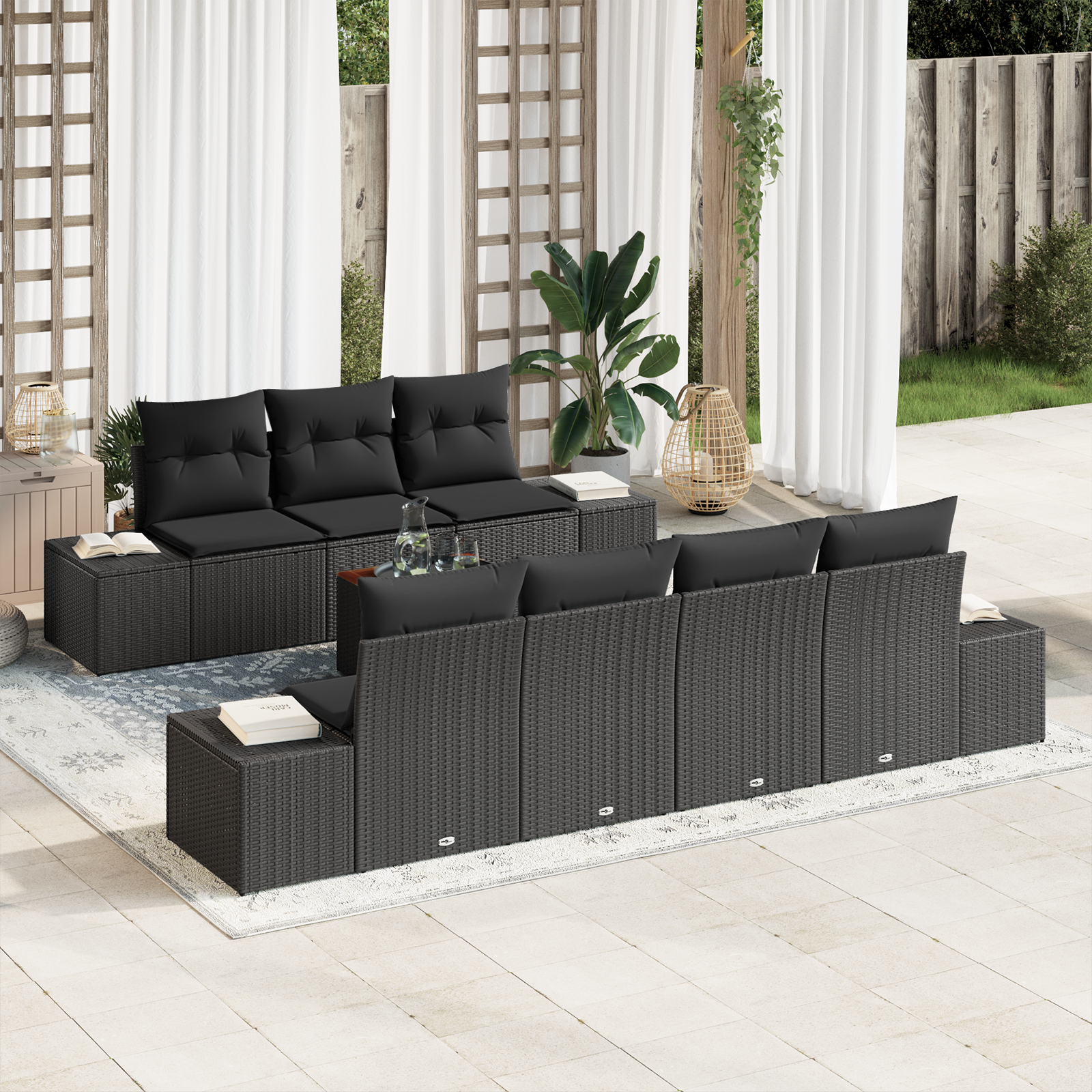 8 Piece Garden Sofa Set with Cushions Black Poly Rattan Acacia