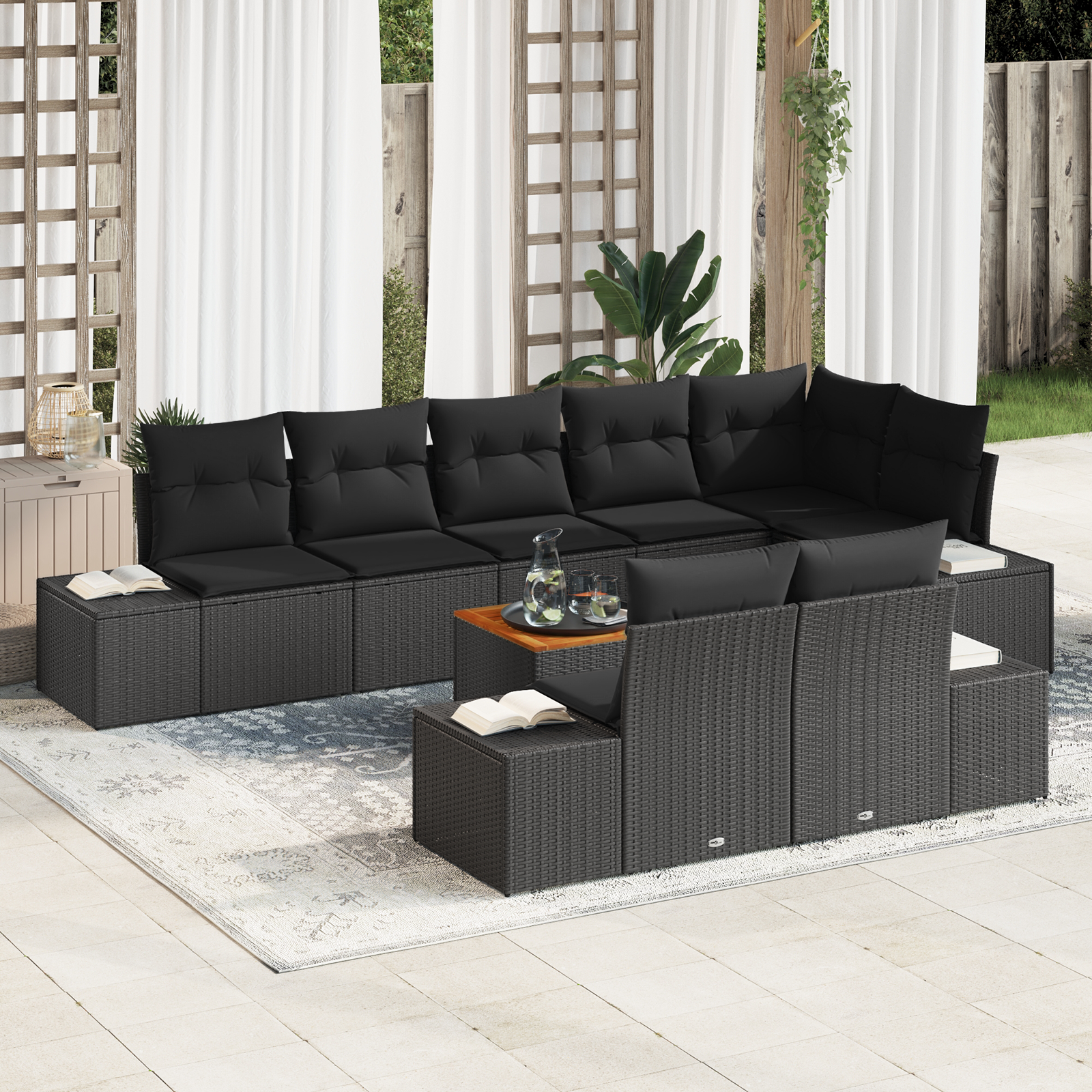 9 Piece Garden Sofa Set with Cushions Black Poly Rattan Acacia