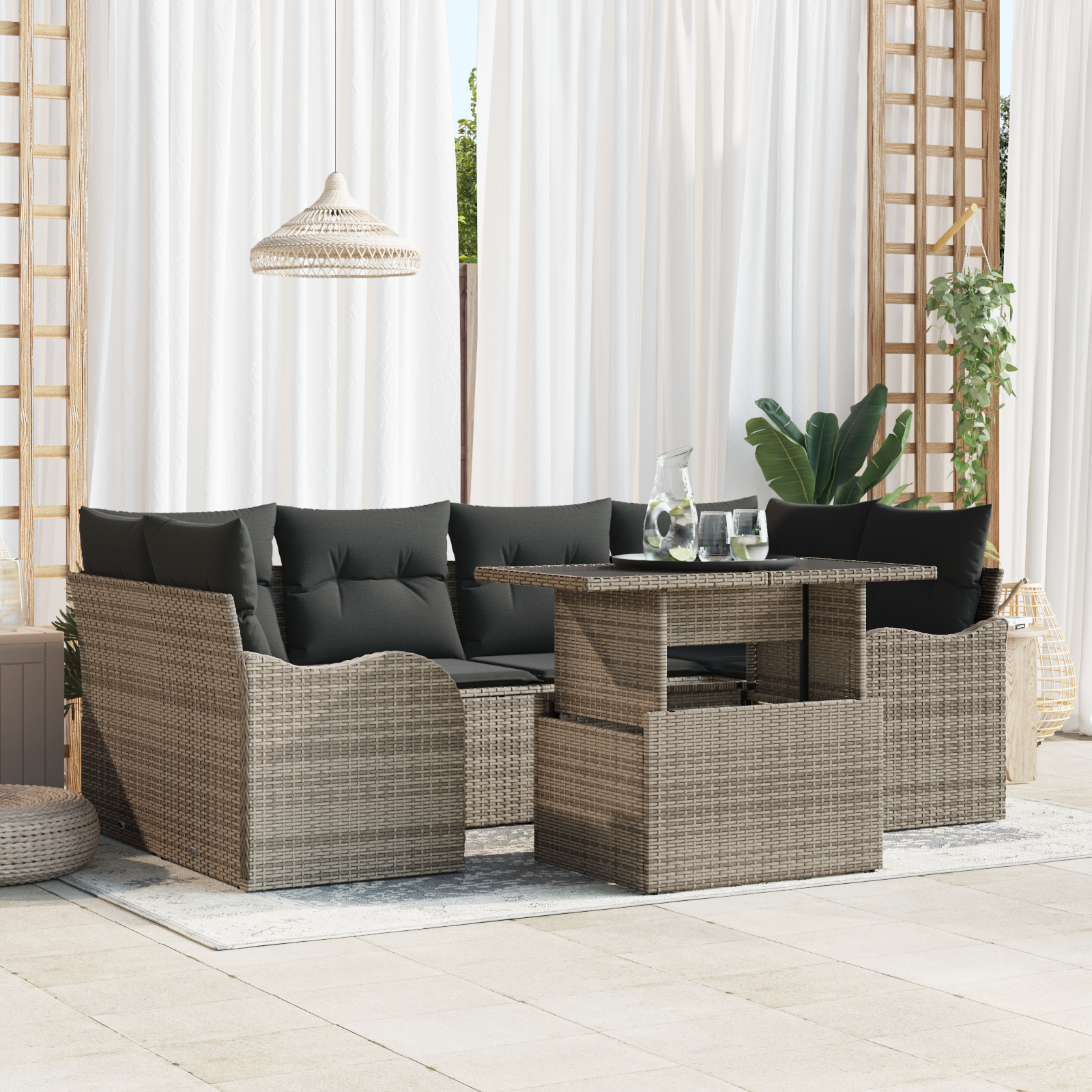 7 Piece Garden Sofa Set with Cushions Grey Poly Rattan