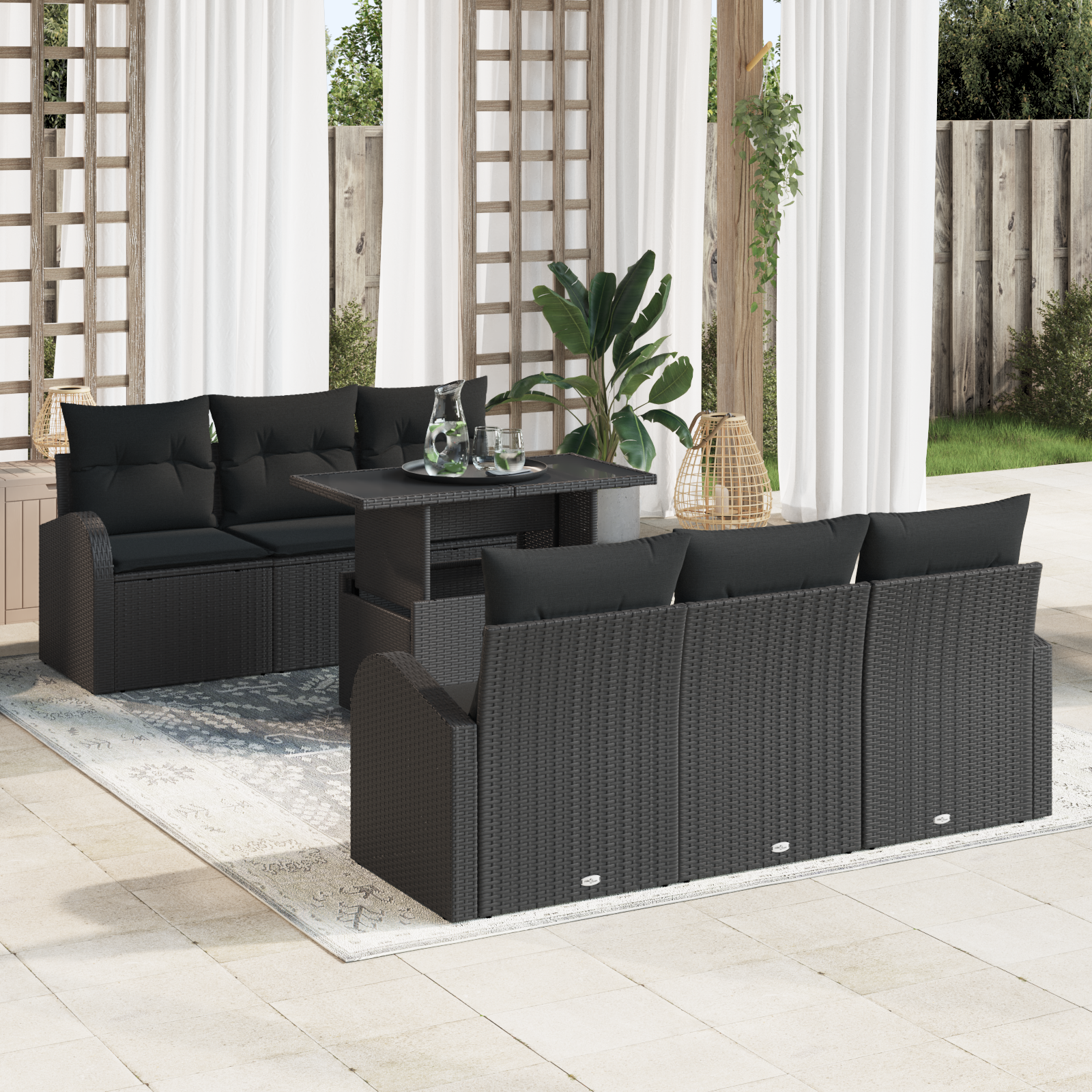 7 Piece Garden Sofa Set with Cushions Black Poly Rattan
