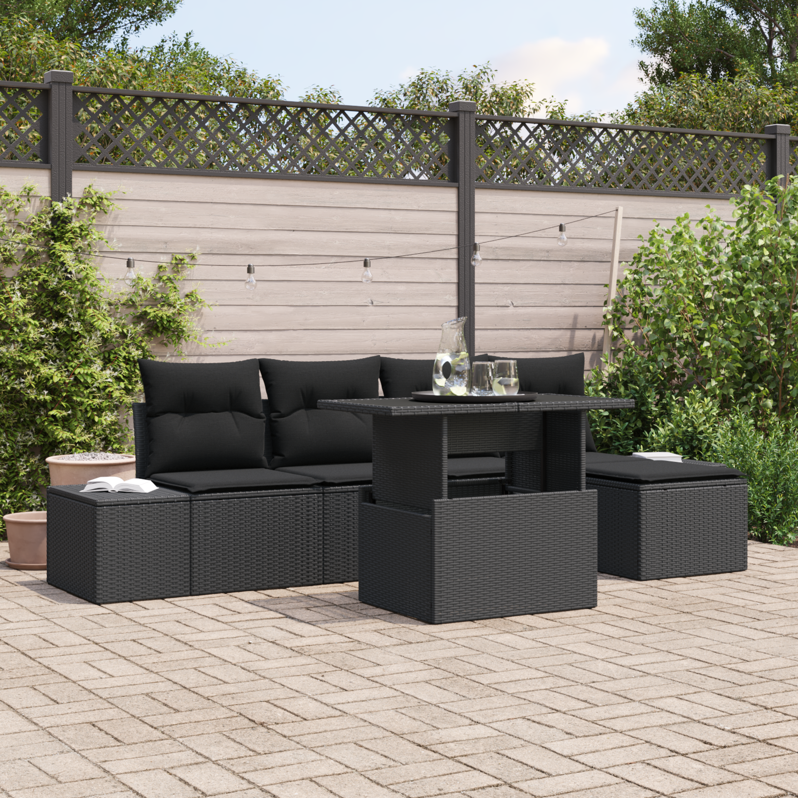 6 Piece Garden Sofa Set with Cushions Black Poly Rattan