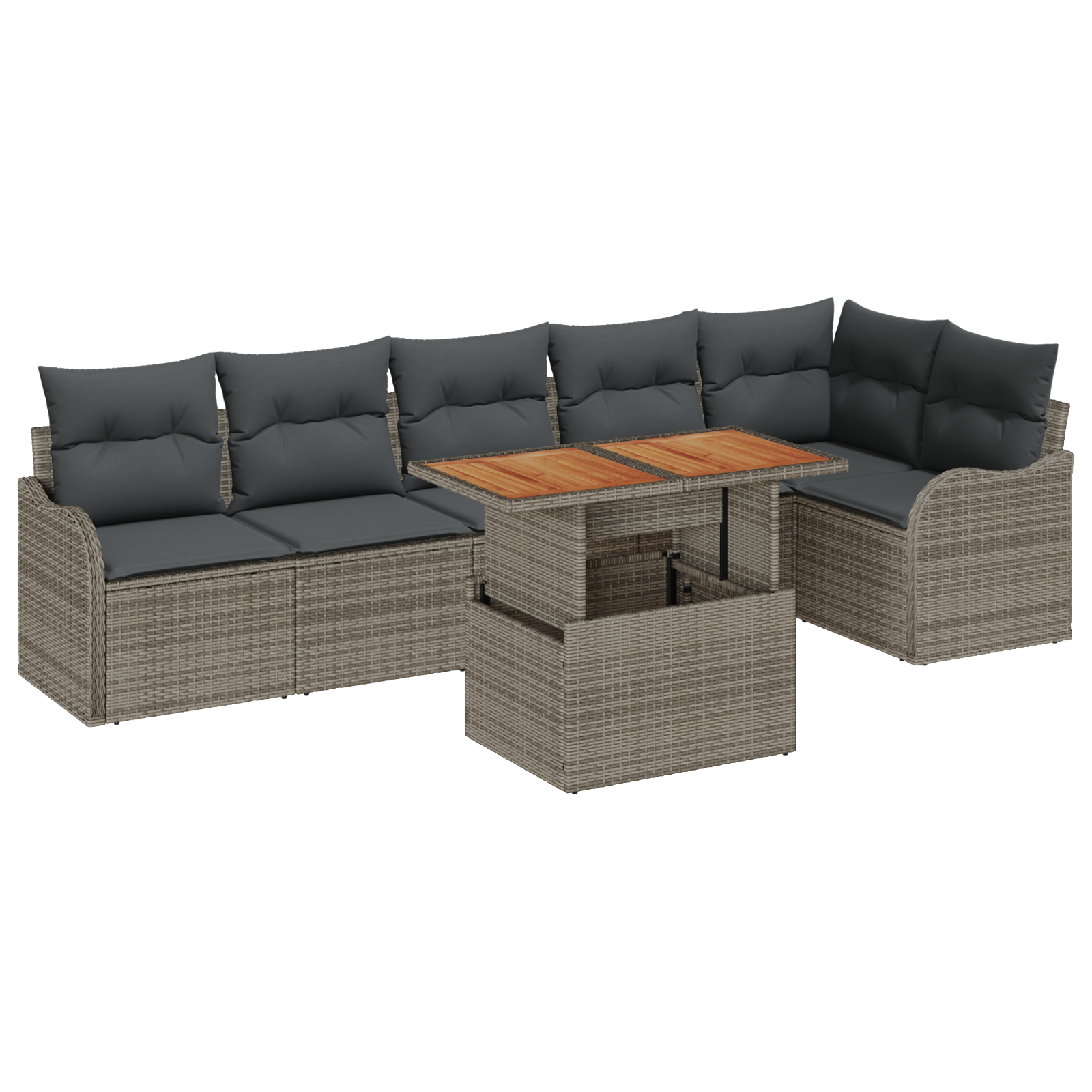 7 Piece Garden Sofa Set with Cushions Grey Poly Rattan Acacia