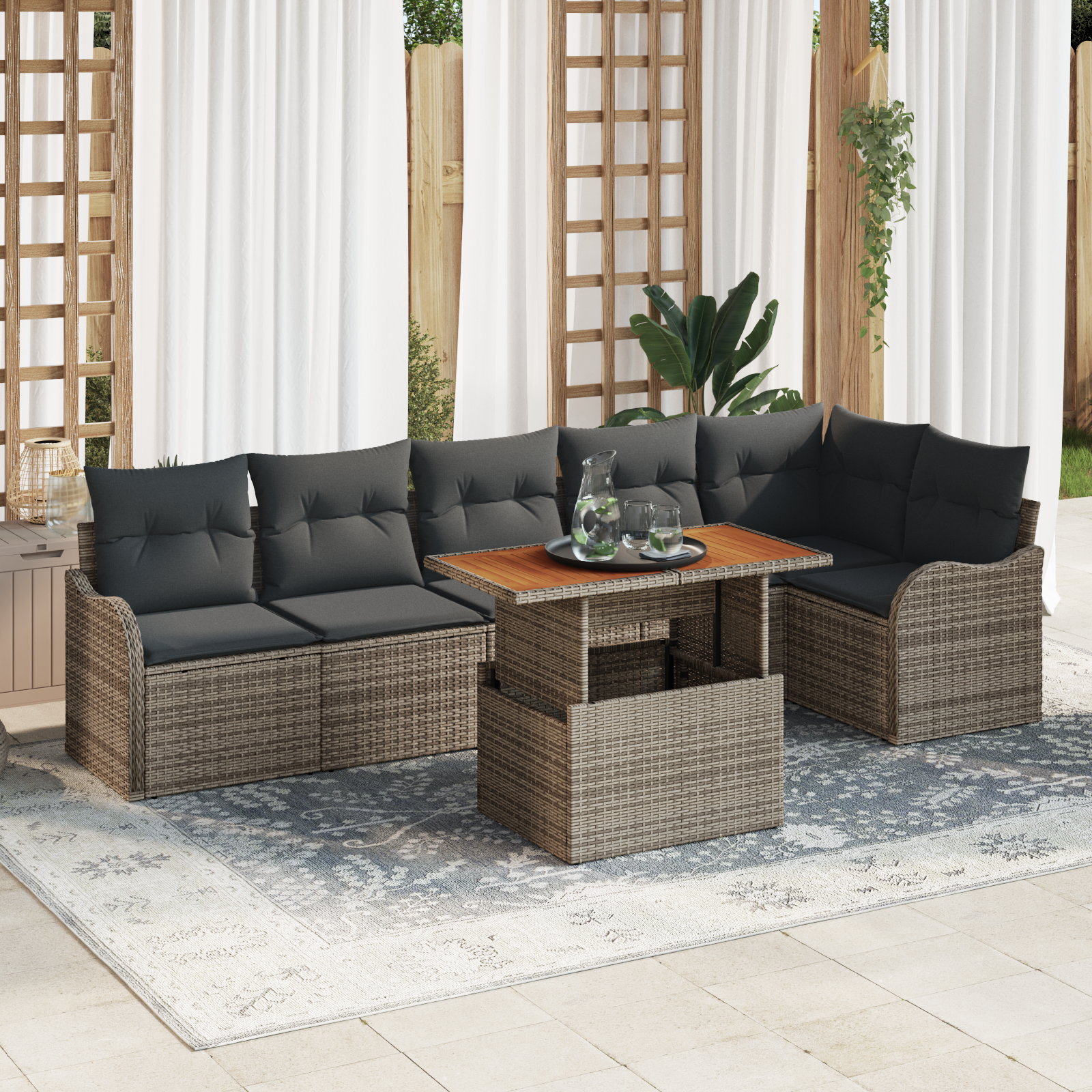 7 Piece Garden Sofa Set with Cushions Grey Poly Rattan Acacia