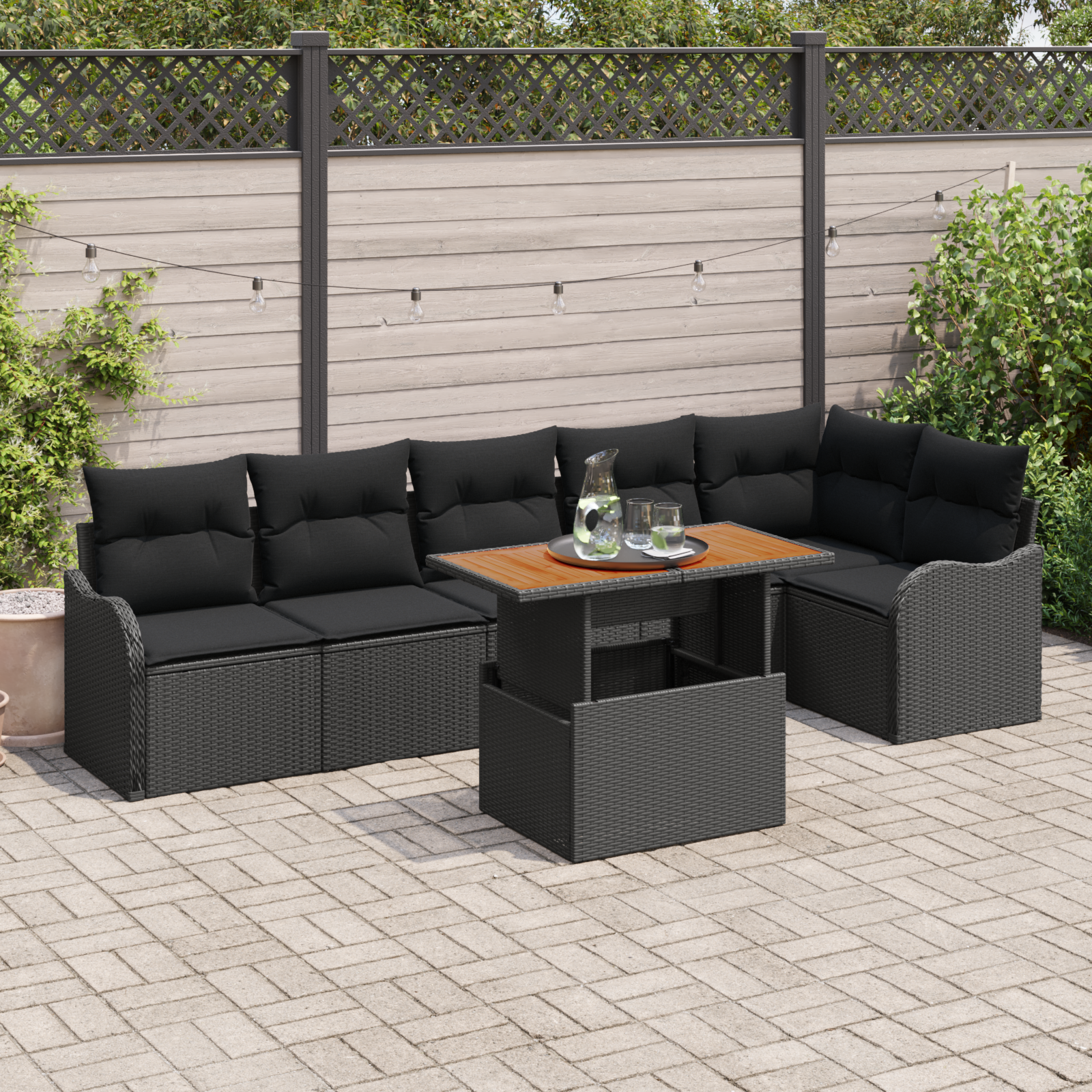 7 Piece Garden Sofa Set with Cushions Black Poly Rattan Acacia