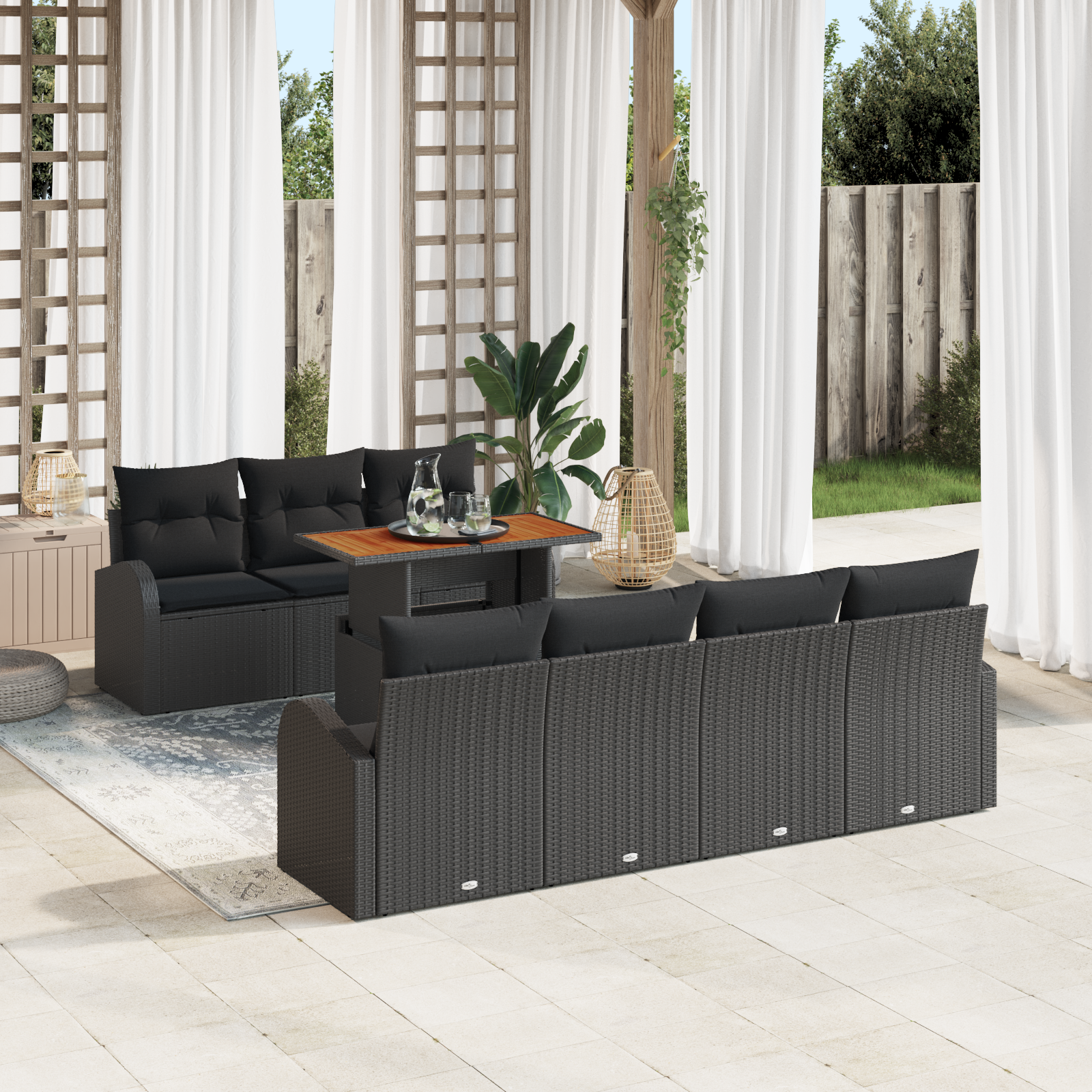 8 Piece Garden Dining Set with Cushions Black Poly Rattan Acacia