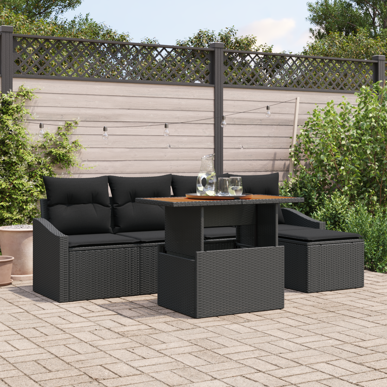 6 Piece Garden Dining Set with Cushions Black Poly Rattan Acacia