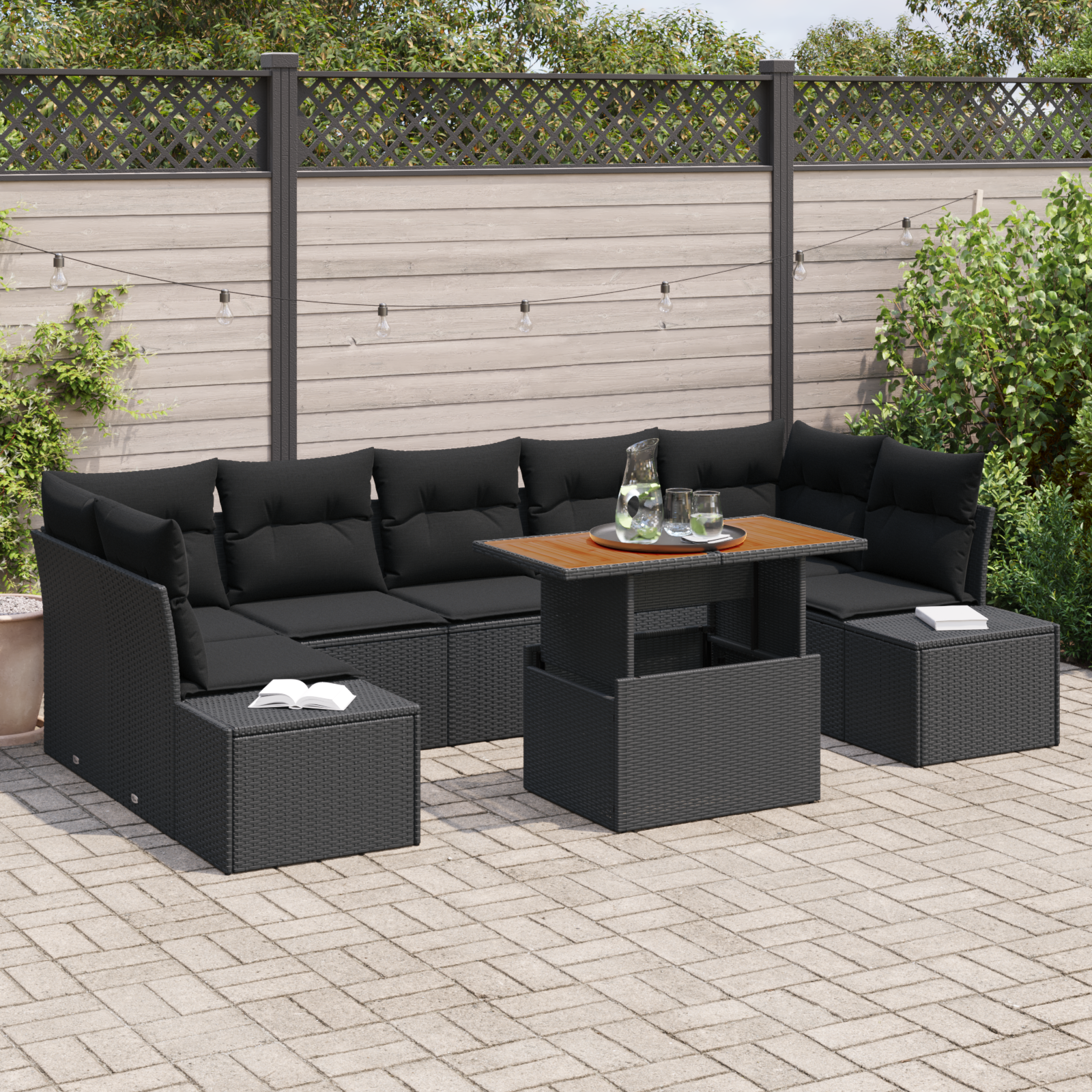 8 Piece Garden Dining Set with Cushions Black Poly Rattan Acacia
