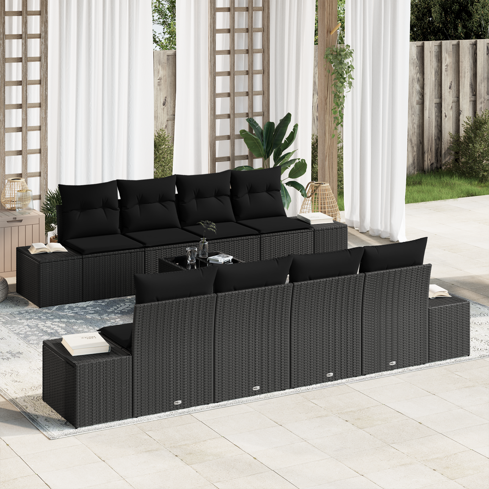 7 Piece Garden Sofa Set with Cushions Black Poly Rattan