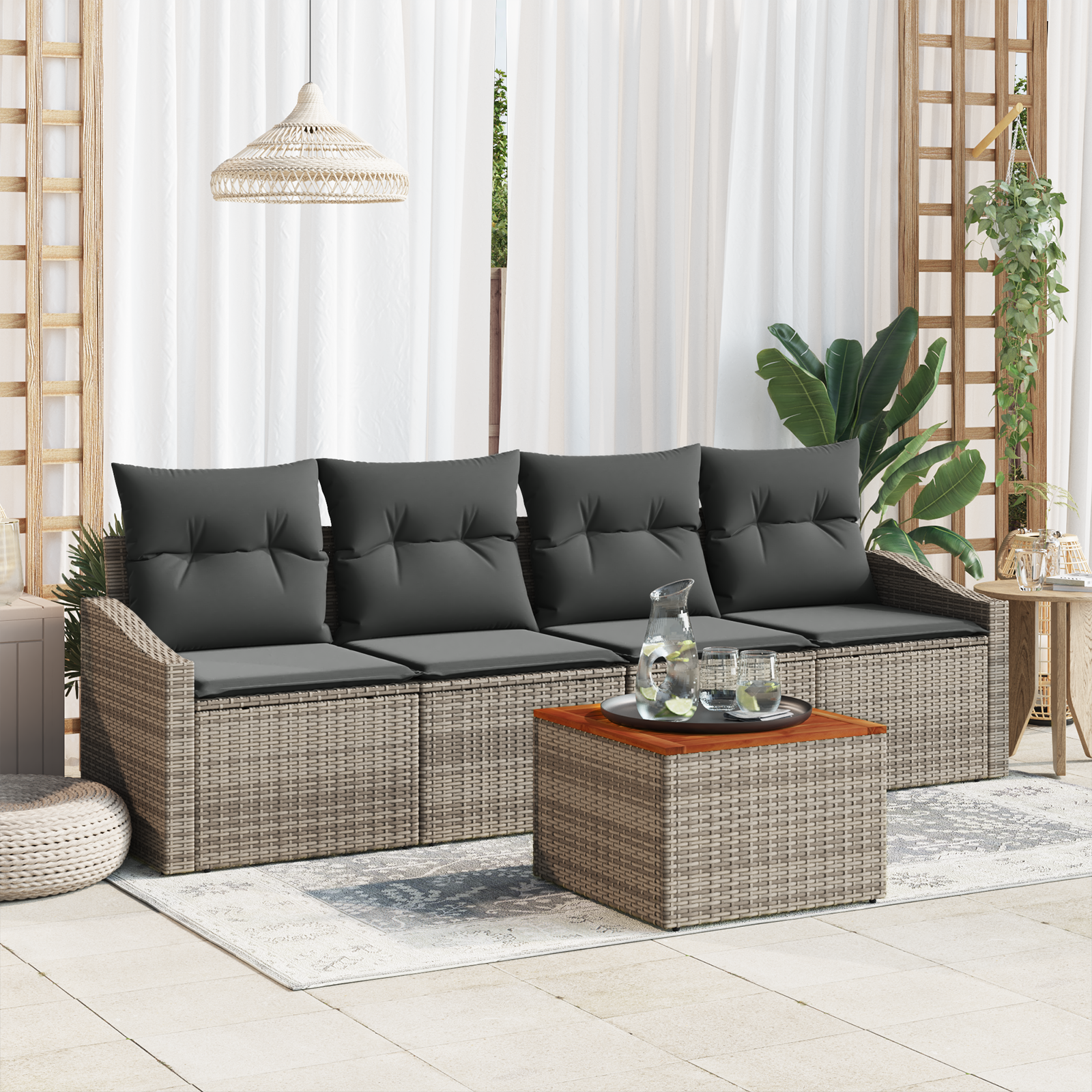 5 Piece Garden Sofa Set with Cushions Grey Poly Rattan Acacia