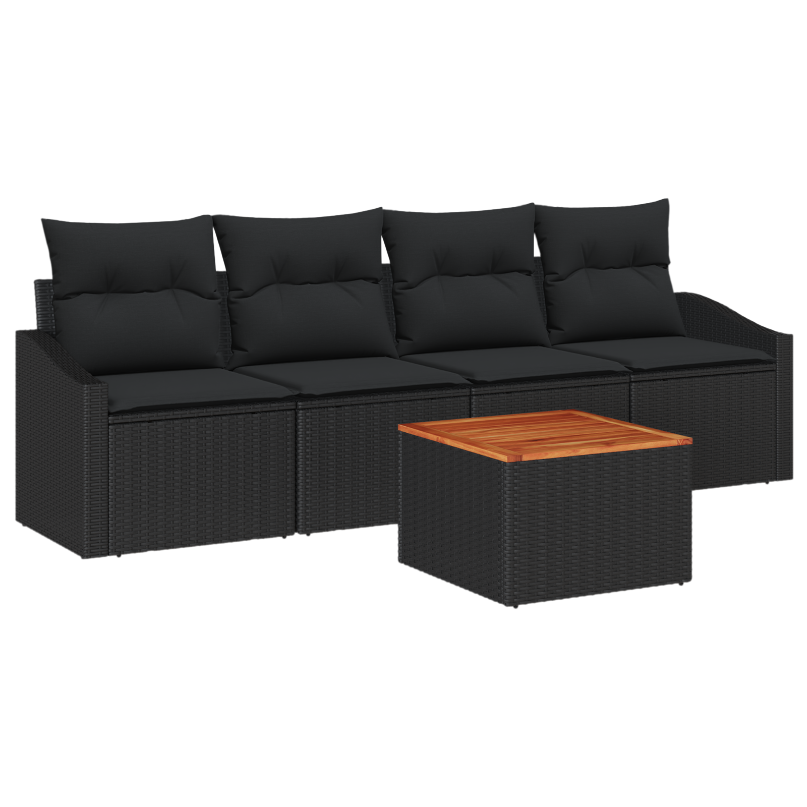 5 Piece Garden Sofa Set with Cushions Black Poly Rattan Acacia