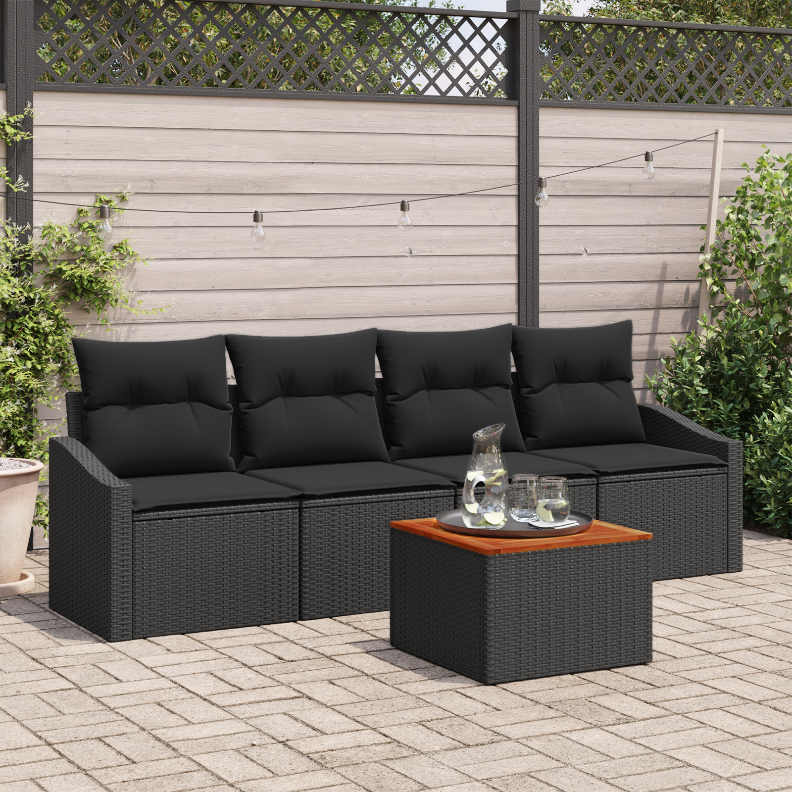 5 Piece Garden Sofa Set with Cushions Black Poly Rattan Acacia