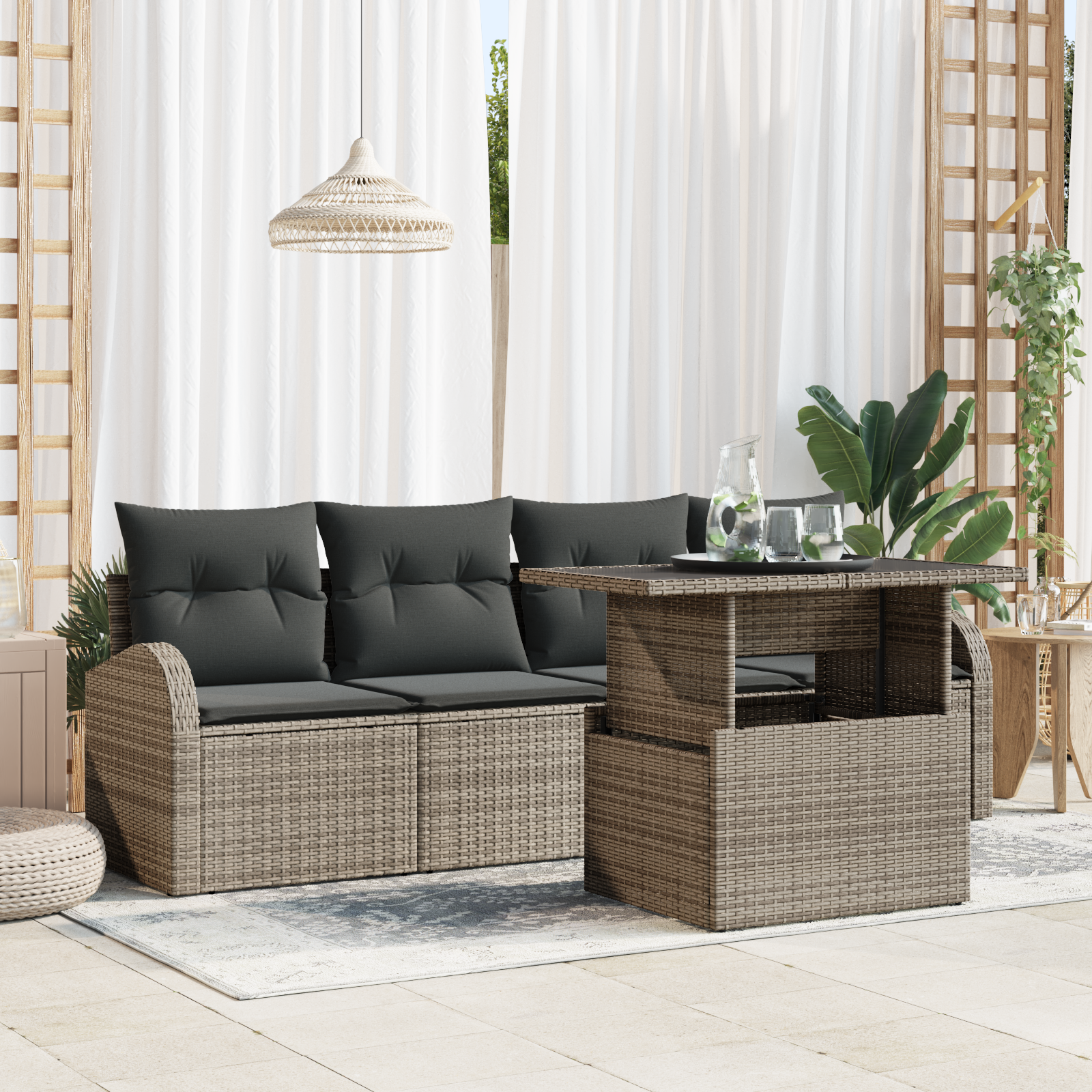 5 Piece Garden Sofa Set with Cushions Grey Poly Rattan
