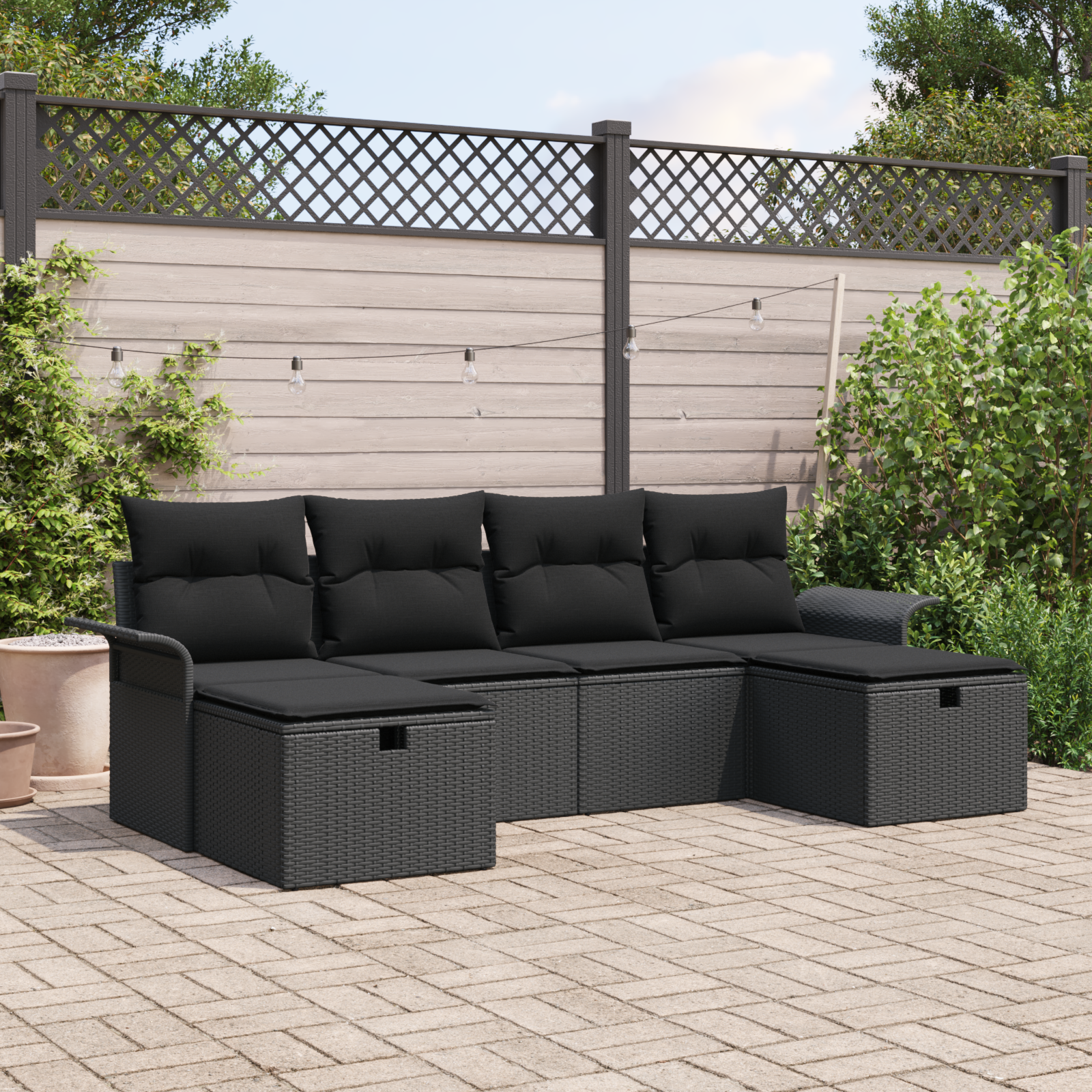 6-Piece Garden Sofa Set with Cushions Black Poly Rattan