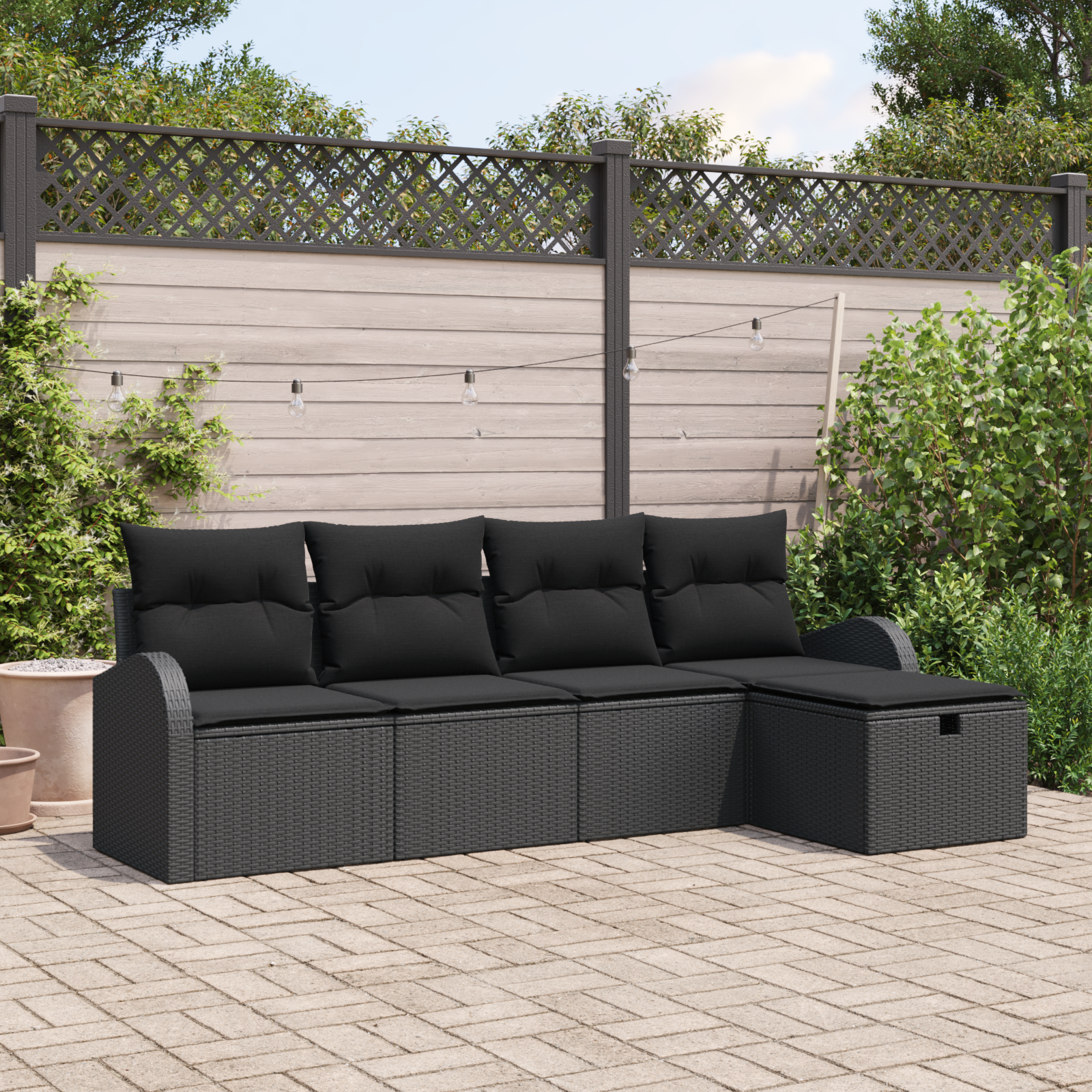 5 Piece Garden Sofa Set with Cushions Black Poly Rattan