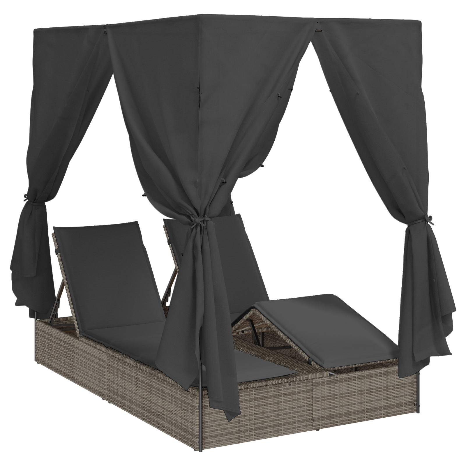 Double Sun Lounger with Roof and Curtains in Grey Poly Rattan