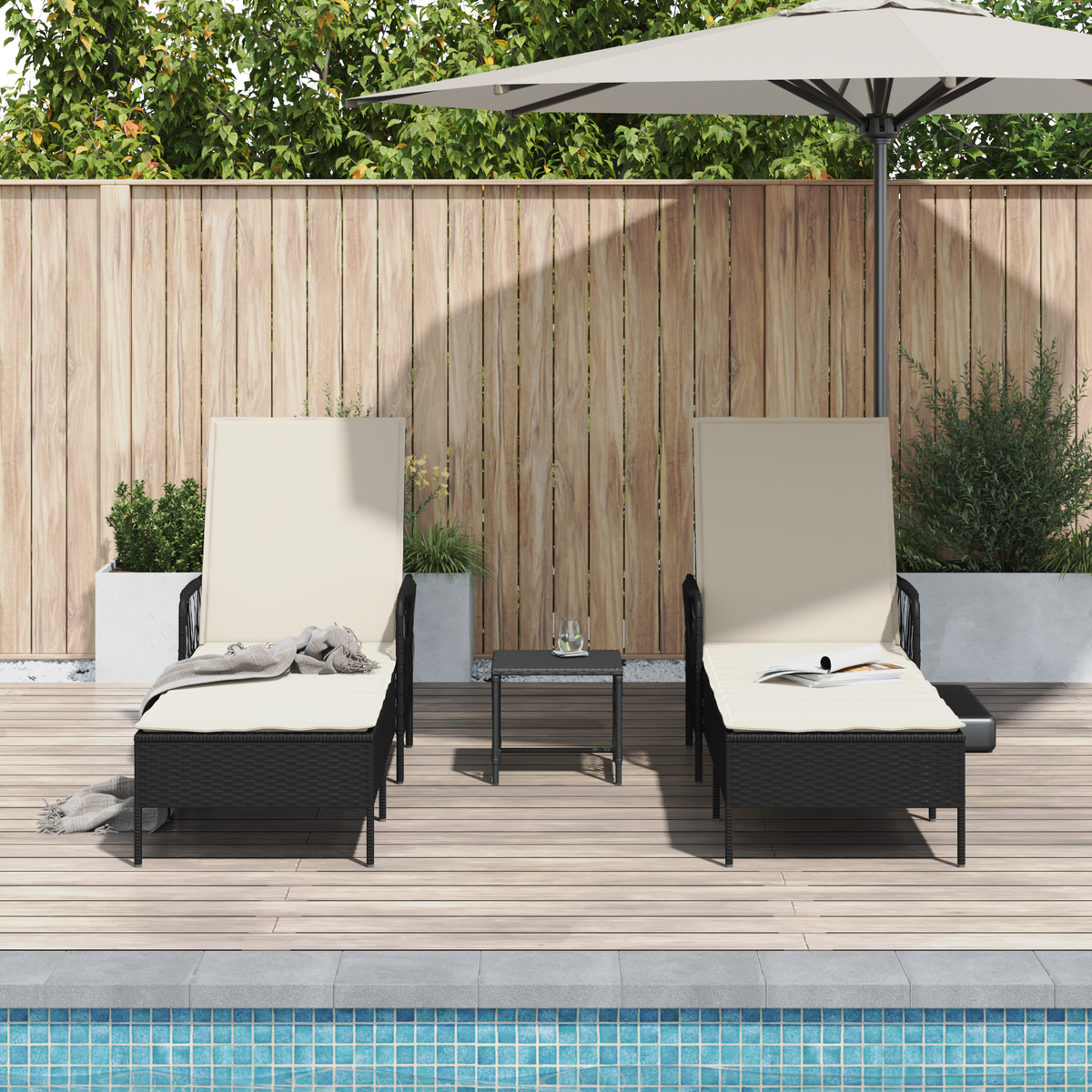 Sun Lounger 3 pcs Black and Cream White 55 x 200 x 92 cm