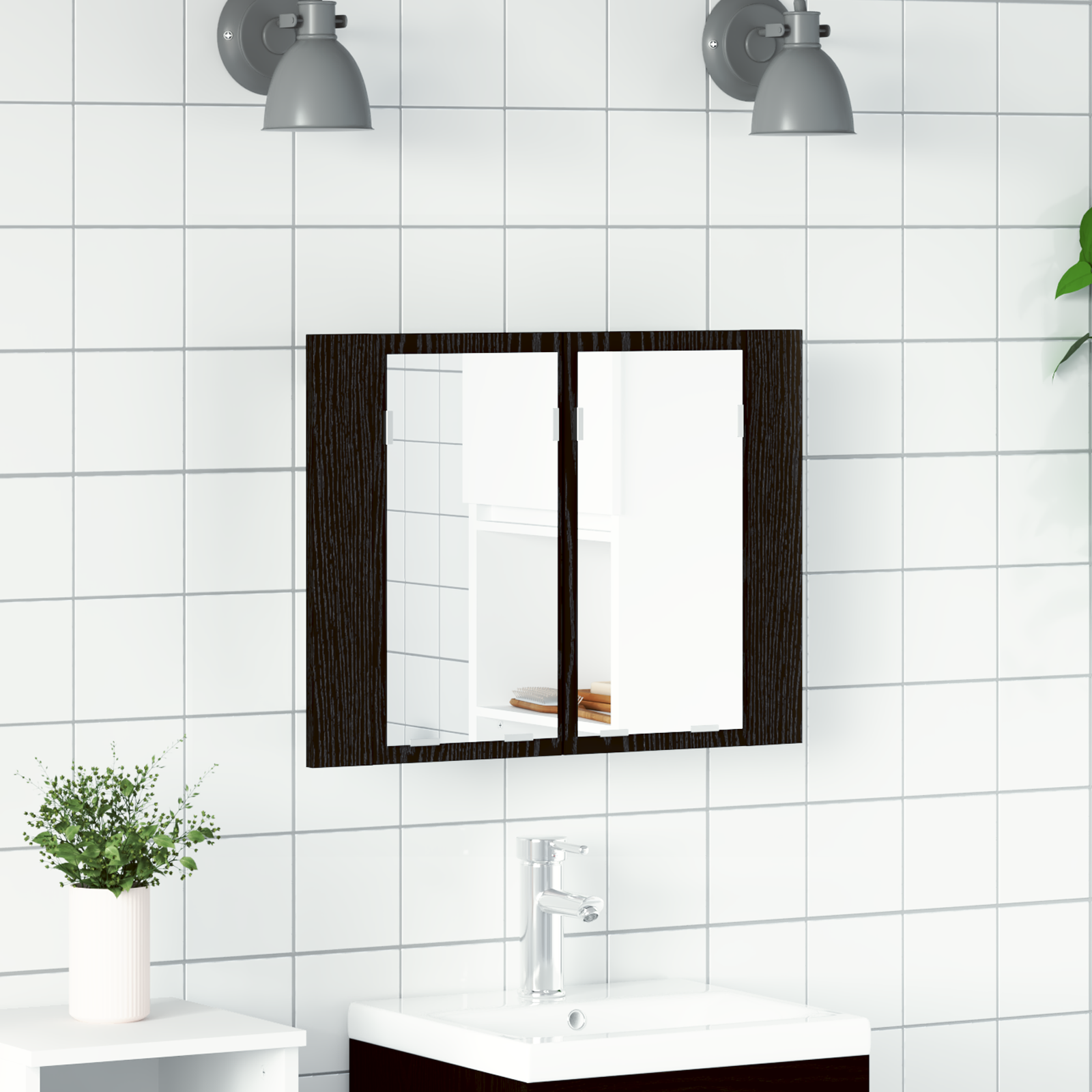 Bathroom Mirror Cabinet with Shelf Black oak 60 x 12 x 45 cm