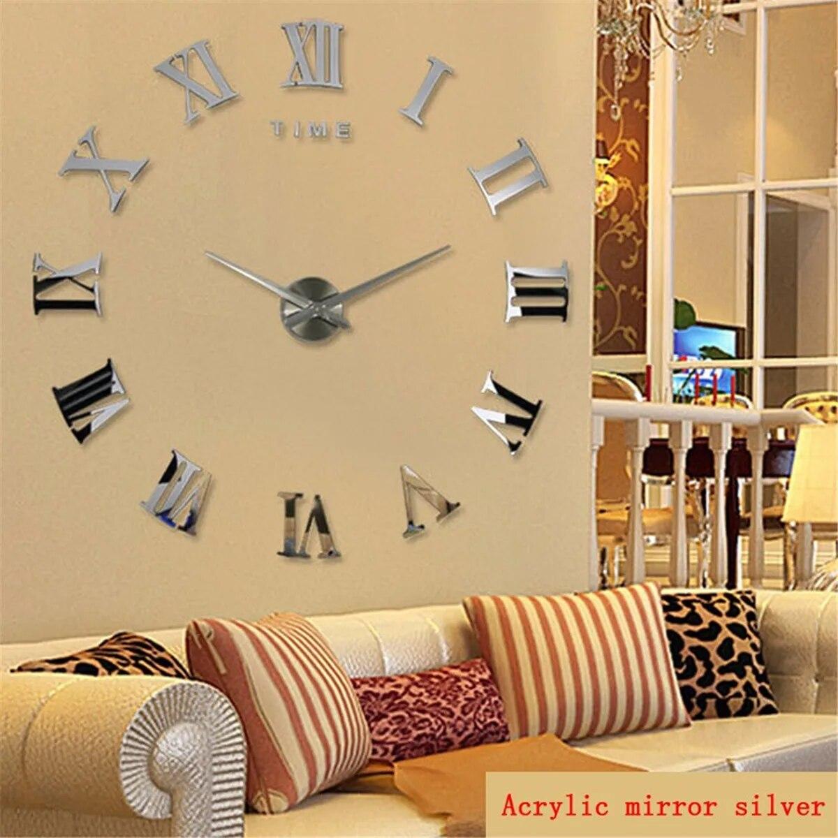 Anyhouz Wall Clock Silver Design G 37 Inch 3D Diy Mirror Wall Clock Acrylic Sticker Fashion Quartz Clocks Watch Home Decoration