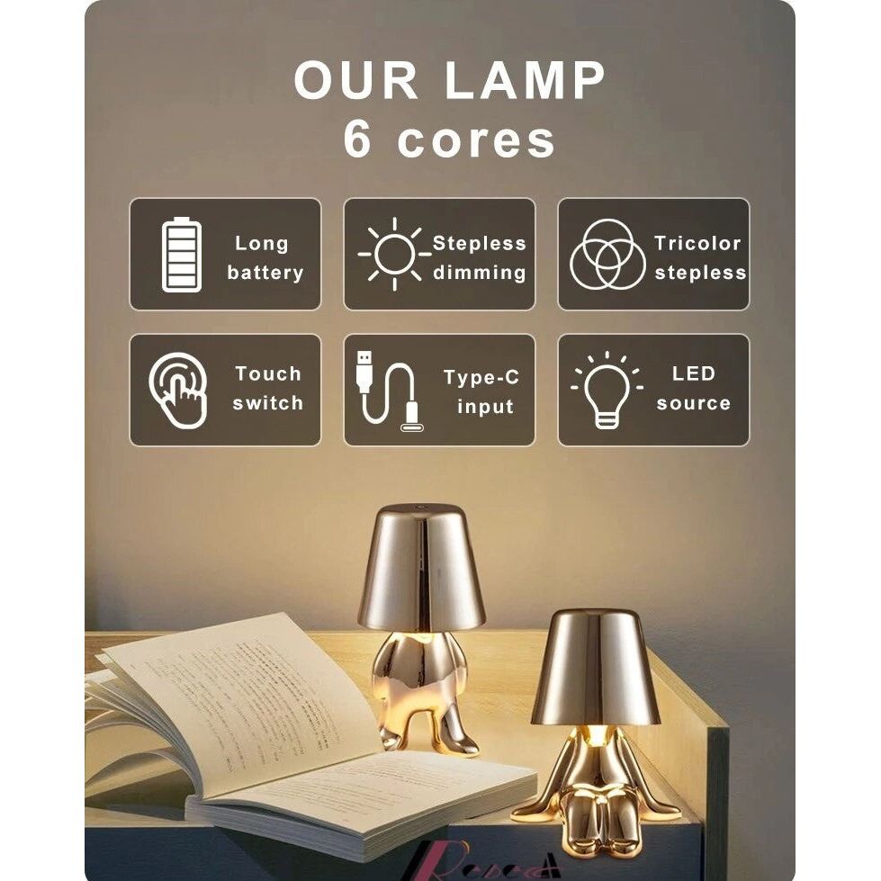 Anyhouz Hotel Lightning Lamp Rechargeable Gold Little Man Sitting Front Position Table Lamps Touch Switch Decoration Led Night Light