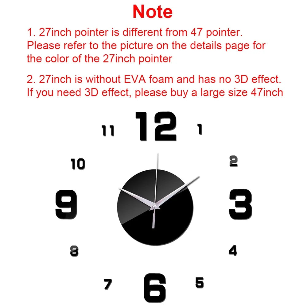 Anyhouz Wall Clock Silver Design H 37 Inch 3D Diy Mirror Wall Clock Acrylic Sticker Fashion Quartz Clocks Watch Home Decoration