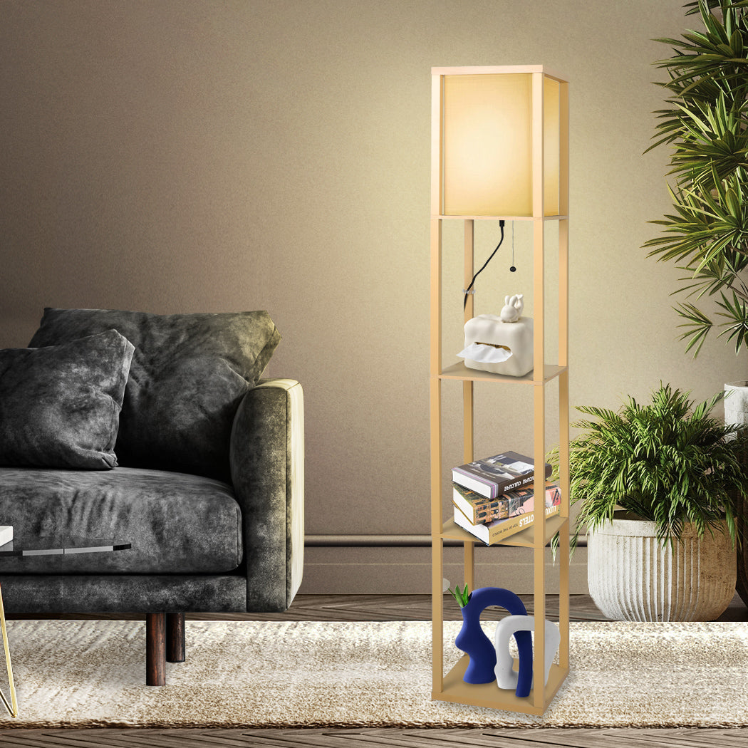 EMITTO Floor Lamp LED Storage Shelf 3 Tier Wood Standing Reading Corner Light