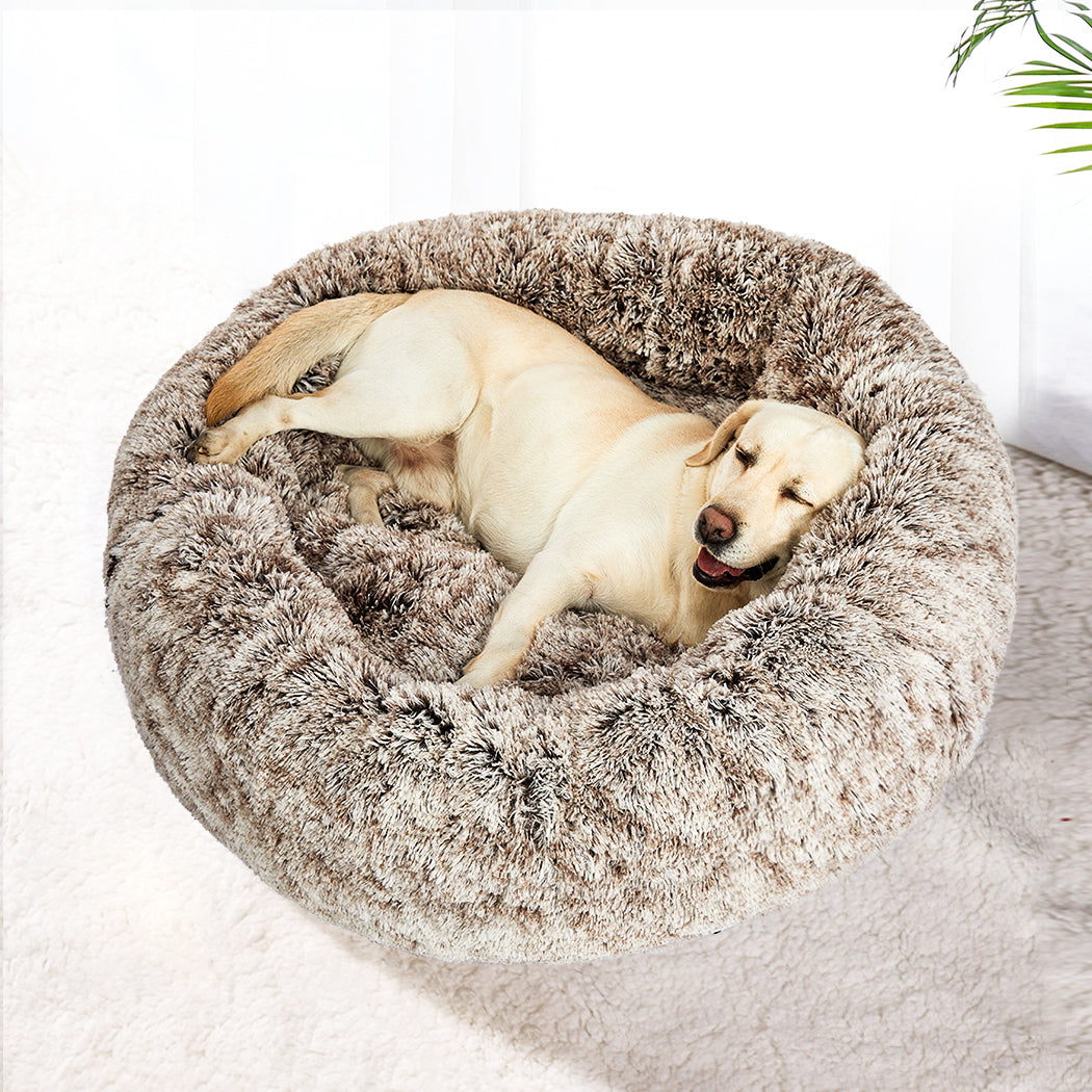 PaWz Pet Bed Cat Dog Donut Nest Calming Mat Soft Plush Kennel Brown Size L