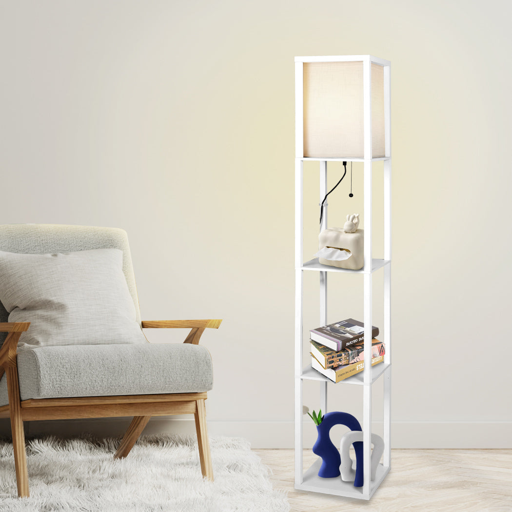 EMITTO Floor Lamp Storage Shelf LED Wood Standing Reading Corner Light White