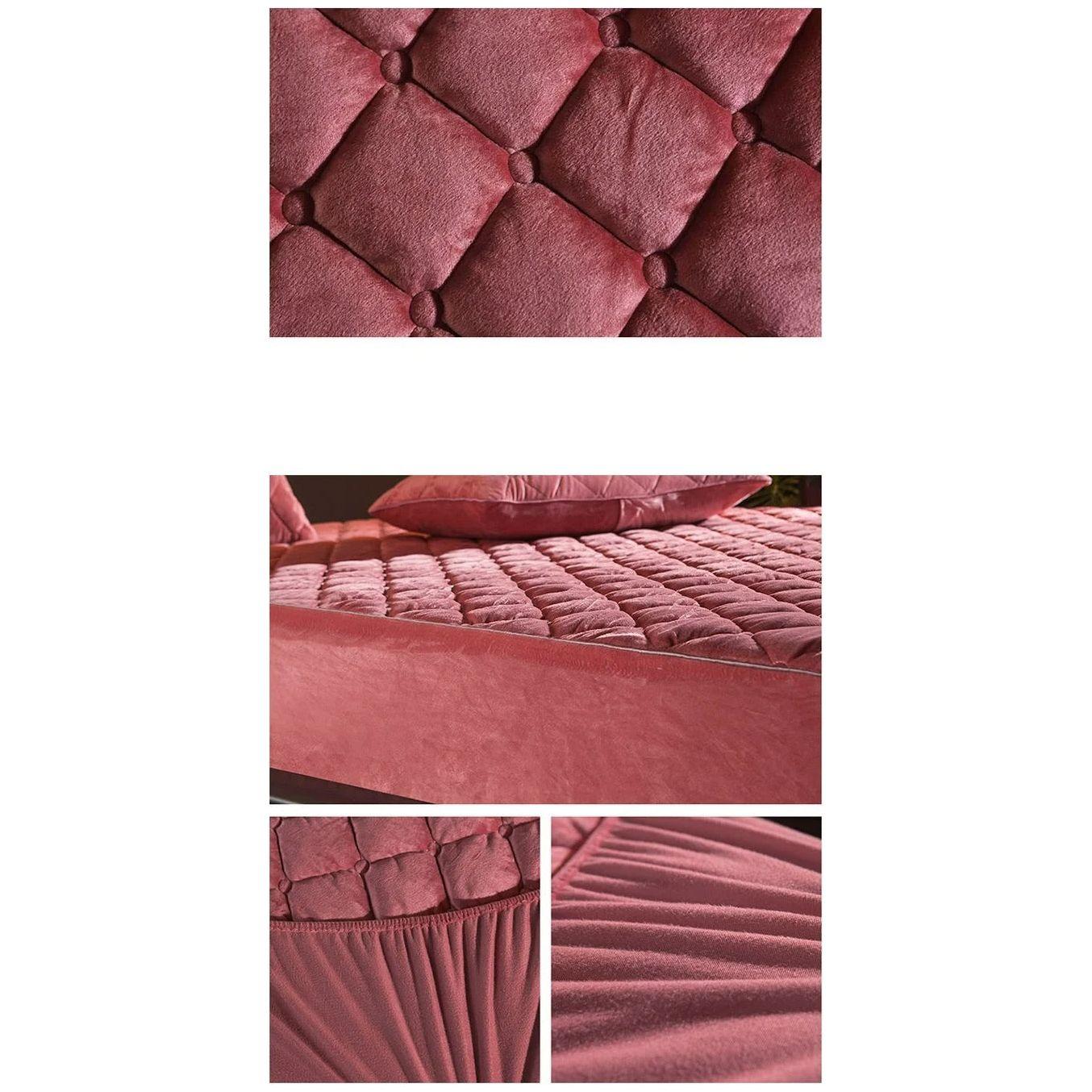 Anyhouz Mattress Cover Bean Red Double Size Crystal Velvet Thicken Quilted Warm Soft Plush Bed Sheet