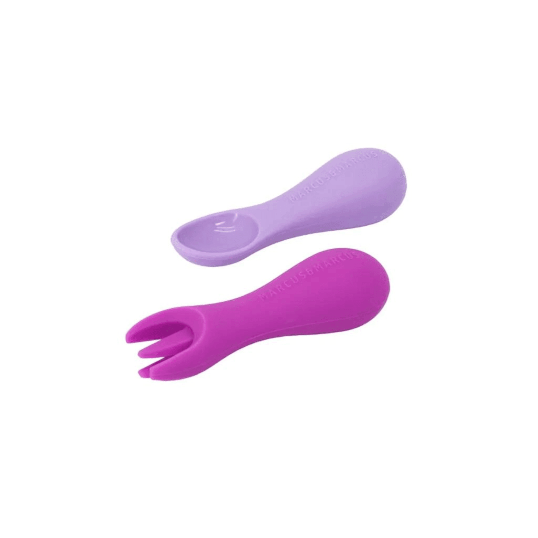 Marcus & Marcus -Palm Grasp Silicone Spoon & Fork Set Willo the Whale-Purple-1910112443158368256