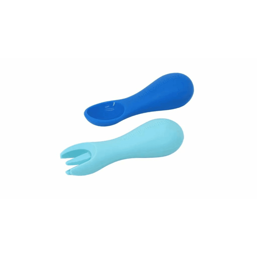 Marcus & Marcus -Palm Grasp Silicone Spoon & Fork Set Lucas the Hippo- Blue-1910112443363889152