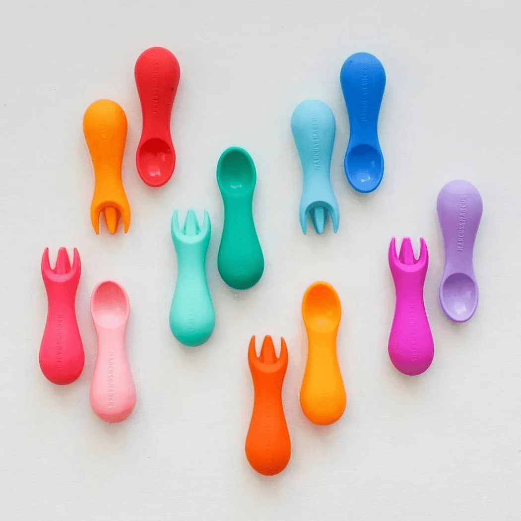 Marcus & Marcus -Palm Grasp Silicone Spoon & Fork Set Marcus the Lion- Red-1910112442776686593