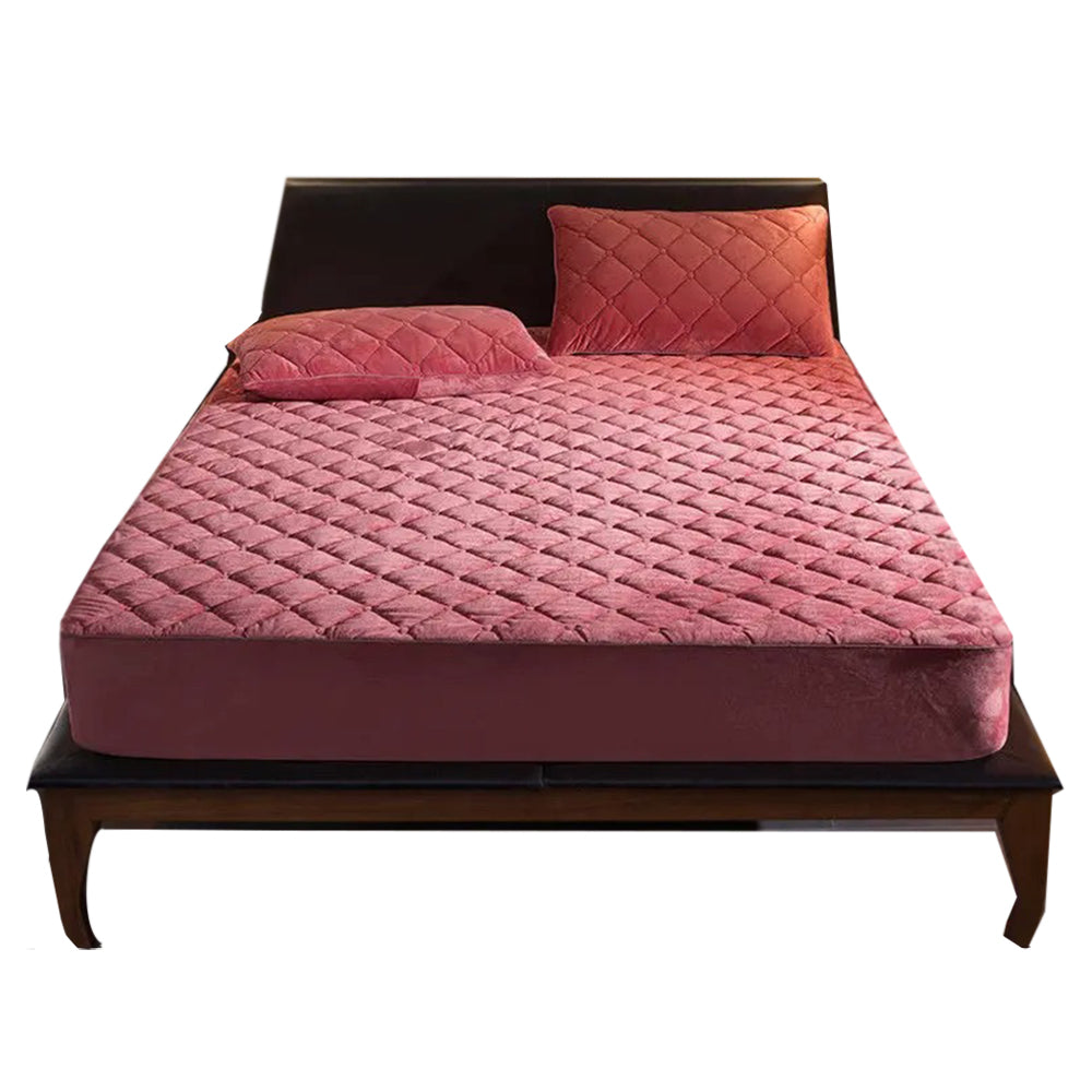 Anyhouz Mattress Cover Bean Red 120x200cm Crystal Velvet Thicken Quilted Warm Soft Plush Bed Sheet