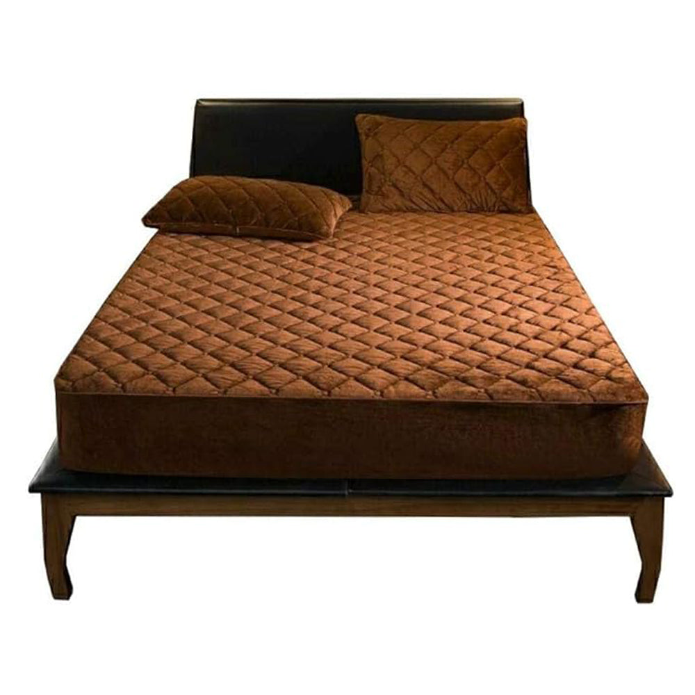 Anyhouz Mattress Cover Coffee 150x200cm Crystal Velvet Thicken Quilted Warm Soft Plush Bed Sheet