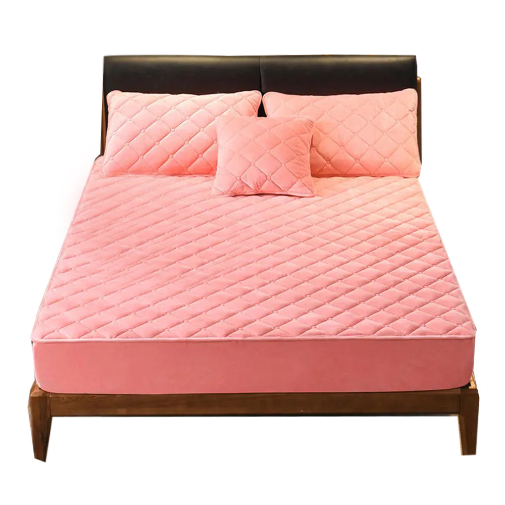 Anyhouz Mattress Cover Pink Double Size Crystal Velvet Thicken Quilted Warm Soft Plush Bed Sheet