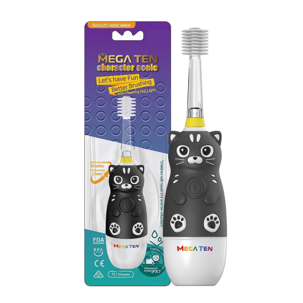 MEGA TEN 360-Degree Kids Electric Toothbrush with LED Light 4Yrs+ Black Cat-1954803151374782464
