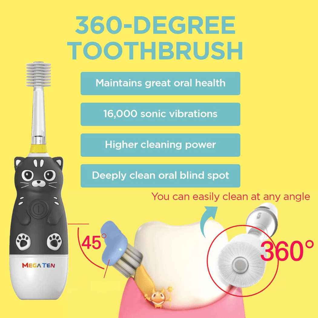 MEGA TEN 360-Degree Kids Electric Toothbrush with LED Light 4Yrs+ Black Cat-1954803151374782467