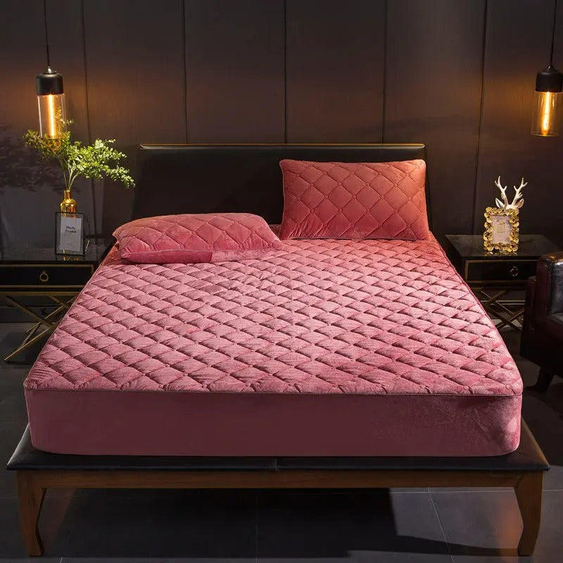 Anyhouz Mattress Cover Bean Red 120x200cm Crystal Velvet Thicken Quilted Warm Soft Plush Bed Sheet