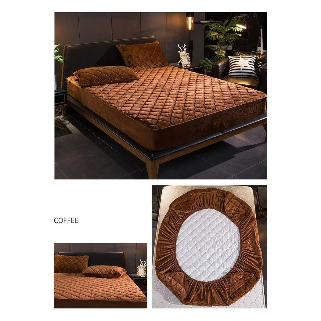 Anyhouz Mattress Cover Coffee 200x200cm Crystal Velvet Thicken Quilted Warm Soft Plush Bed Sheet
