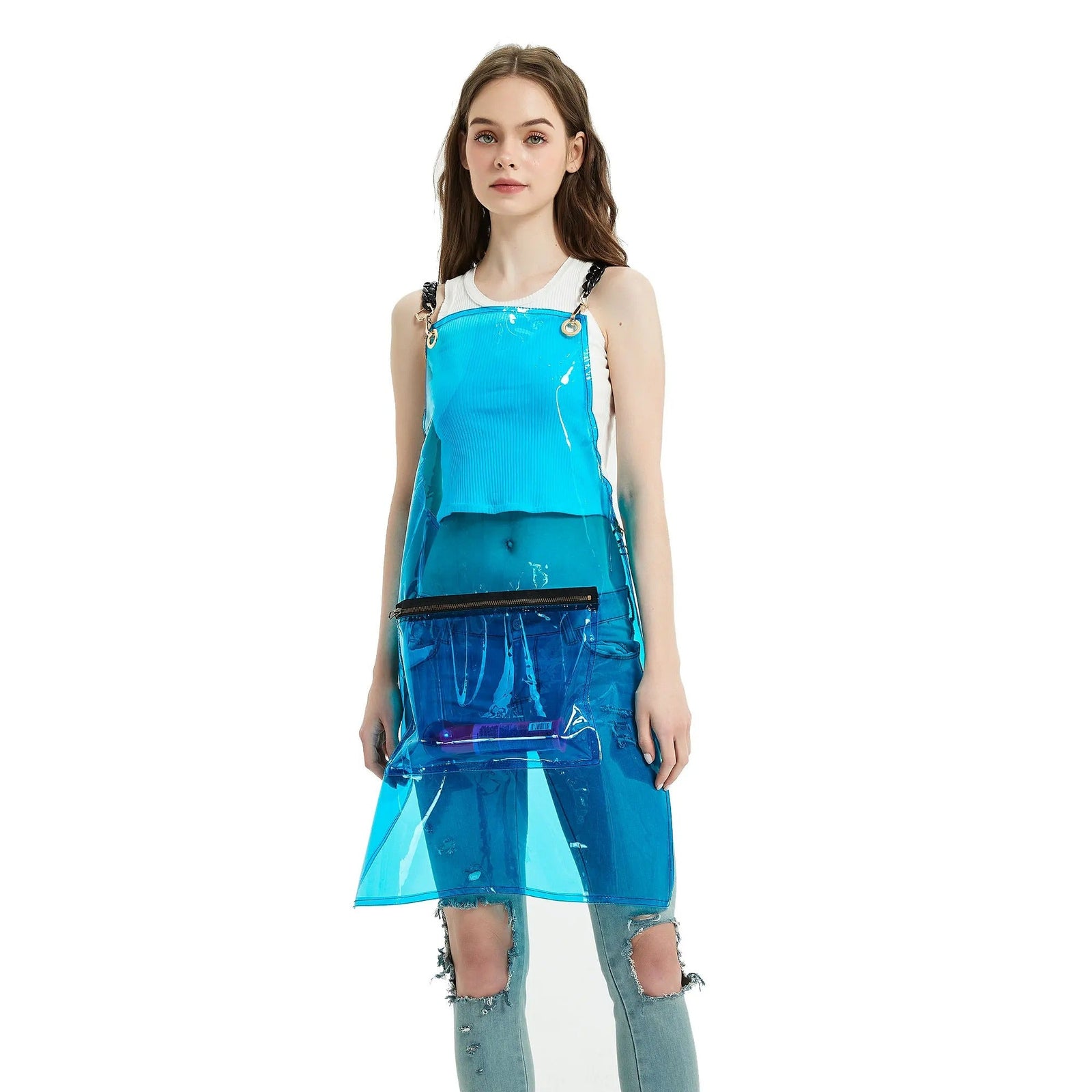 Anyhouz Salon Barber Apron Blue 3 Pockets Fashion Cross-back Adjustable Waterproof Ideal for Hair Stylist