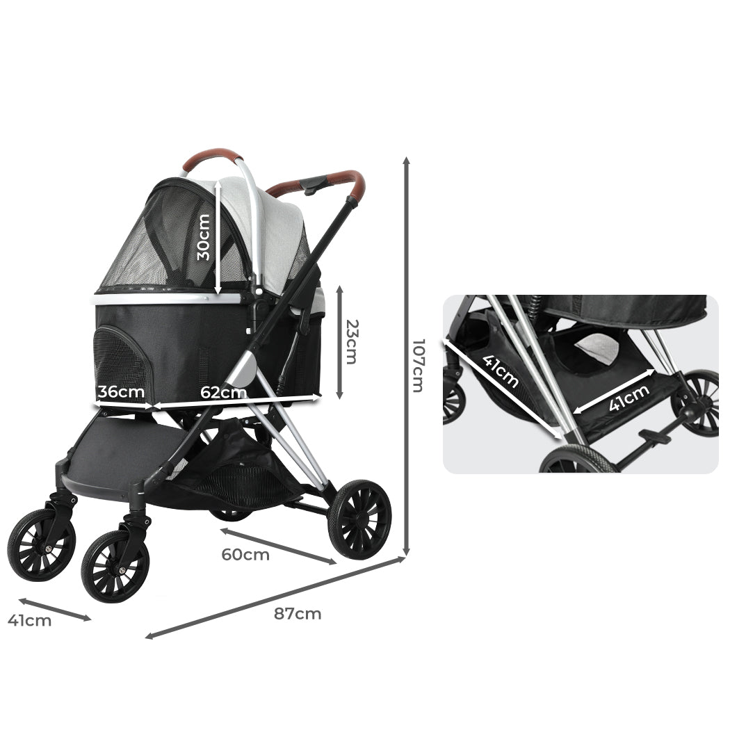 PaWz 4 Wheels Pet Stroller Dog Cat Pram Carrier Travel Foldable Aluminium 50kg