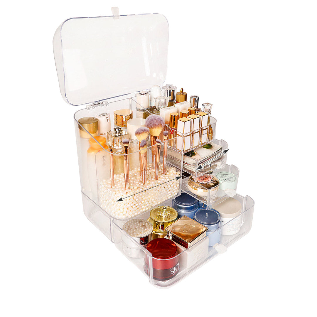 Soga Transparent Cosmetic Storage Box Clear Makeup Skincare Holder With Lid Drawers Waterproof Dustproof Organiser With Pearls