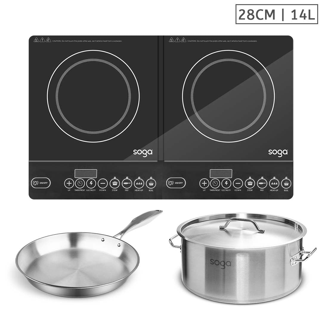 Soga Dual Burners Cooktop Stove, 14 L Stainless Steel Stockpot And 28cm Induction Fry Pan