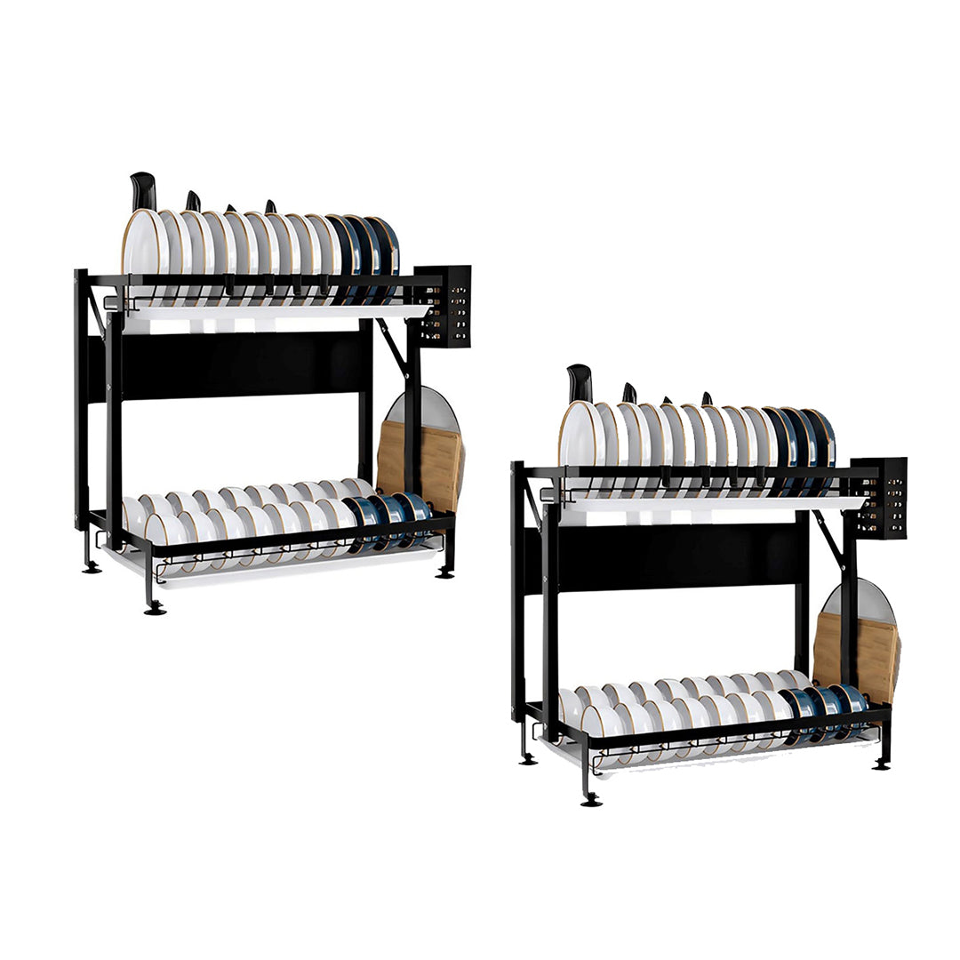 2X 2 Tier Steel Black Kitchen Countertop Drying Dish Rack Plate Cutlery Cutting Board Holder Dish Drainer Kitchen Organiser