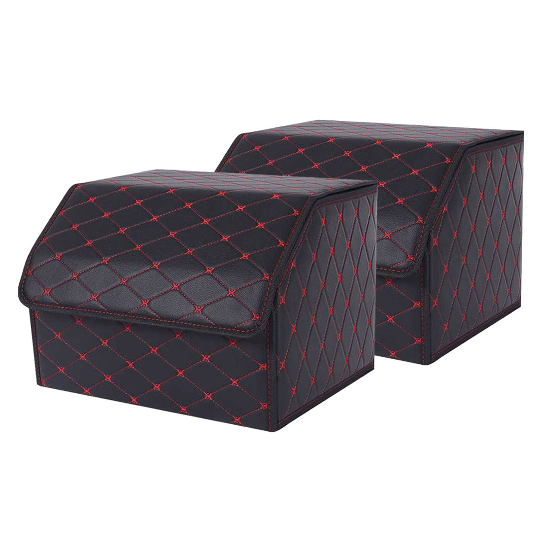 Soga 2 X Leather Car Boot Collapsible Foldable Trunk Cargo Organizer Portable Storage Box Black/Red Stitch Medium